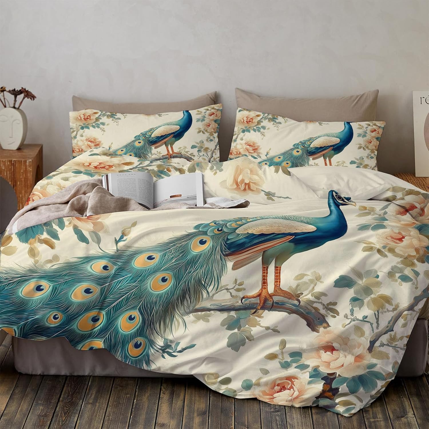Peacock Print Duvet Cover Animal Retro Luxury Texture Bedding Size,Reversible Solid Color Classic Color Printed Plaid Duvet Cover,Includes 1 Duvet Cover