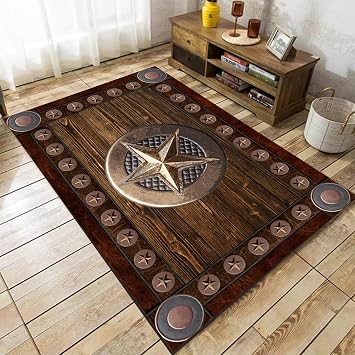 Rustic Lodge Brown Area Rug, 4x5ft, Cowboy Texas Star Living Room Rugs, Low Pile Washable Rubber Backed Mat, Breathable Absorbent Pet Friendly Carpet for Hallway Living Room Runner
