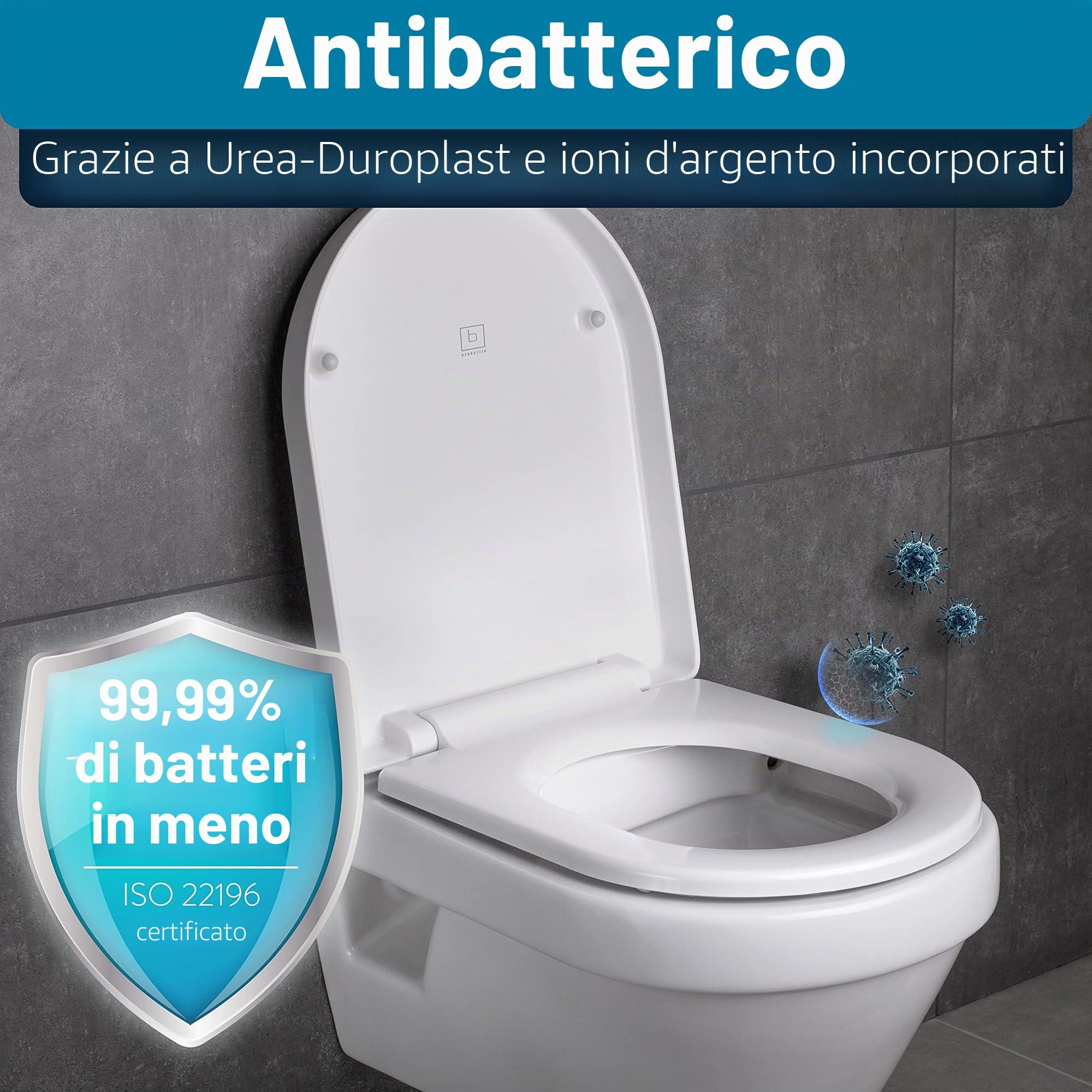 Benkstein® Coperchio WC con abbassamento automatico a forma di D bianco – sedile WC antibatterico – sgancio rapido per una facile pulizia – montaggio facile – Urea-Duroplast – rimovibile – portata