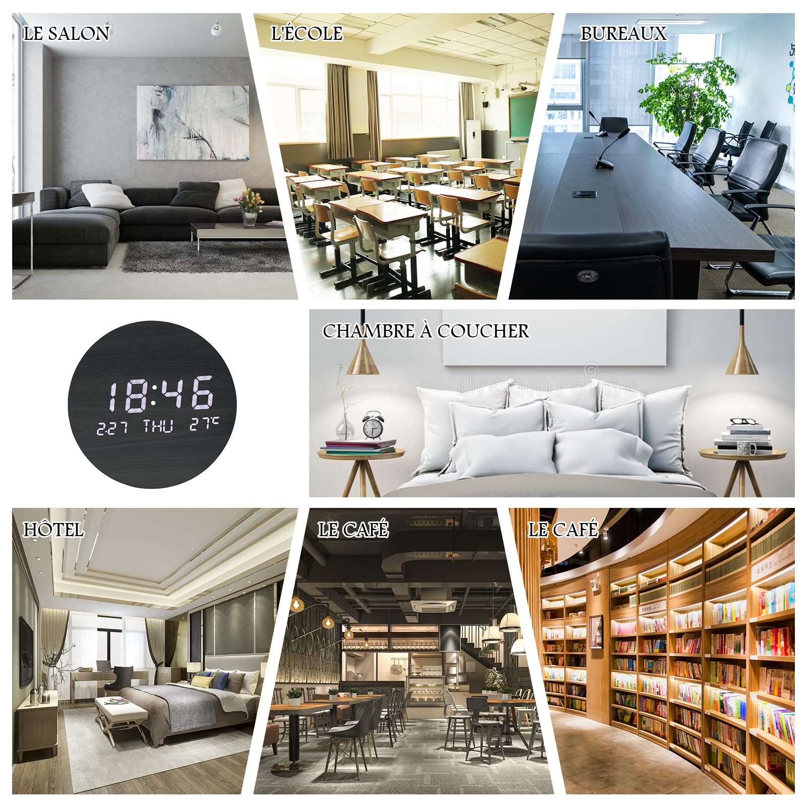 BIGFOX Horloge Murales NuméRique à LED avec Afficher la Date et la TempéRature,Horloge Silencieuse en Bois pour Chambre,Cuisine,Bureau