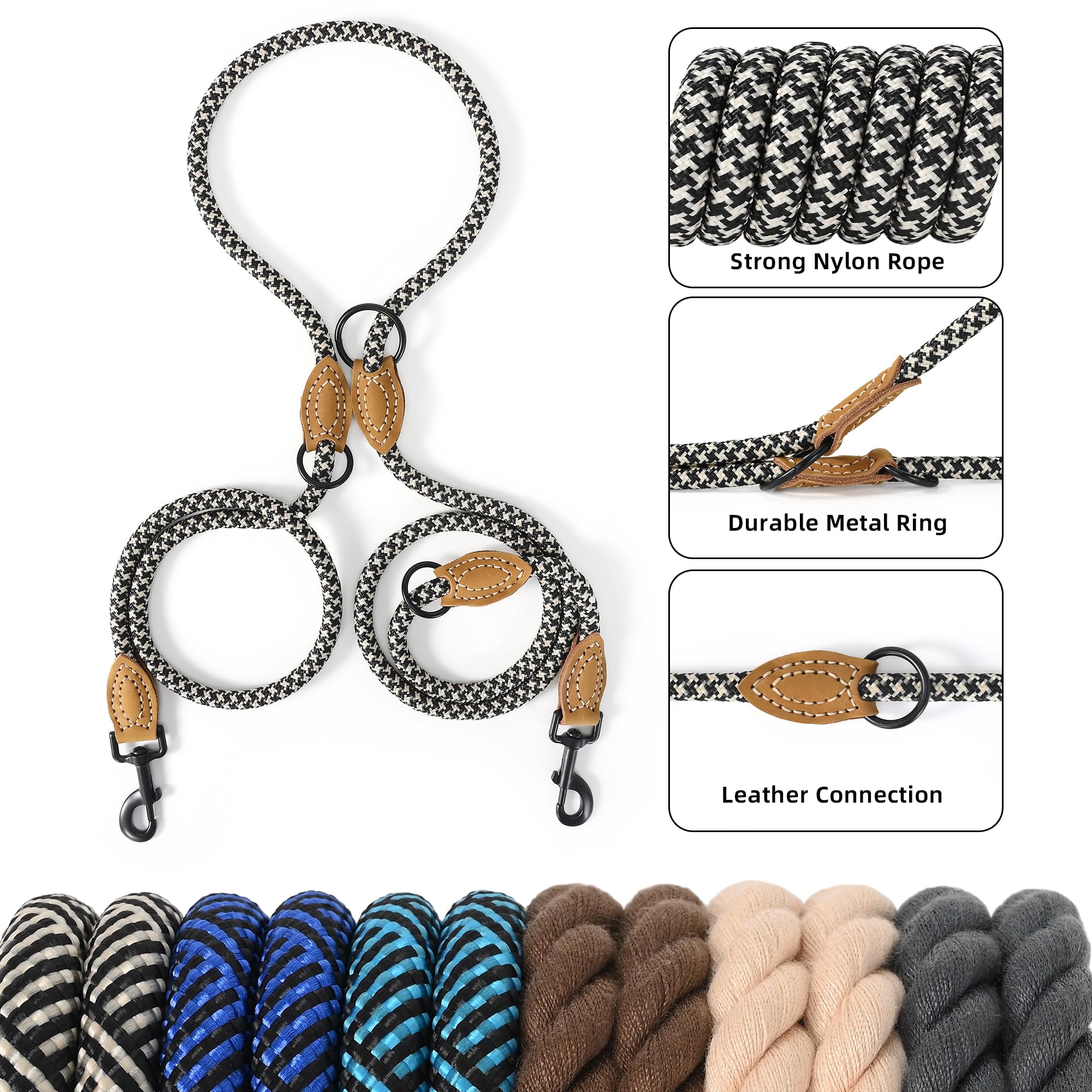 Mile High Life Guinzaglio doppio per cani, guinzaglio antiscivolo per cani, doppia configurazione, corda per alpinismo con connessione su misura in pelle | 2,4 m con robusta chiusura in metallo