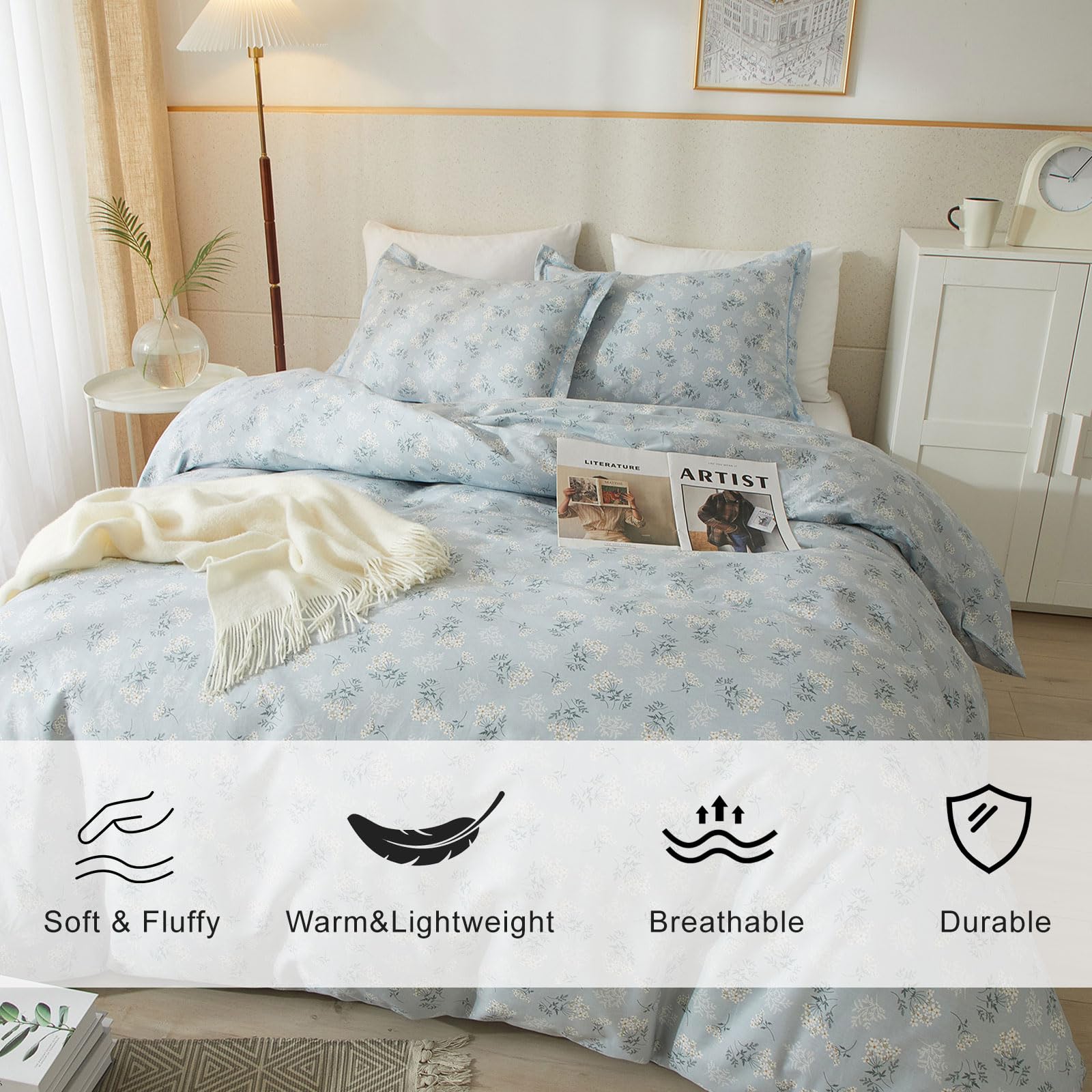 EAVD Blue Floral Comforter Set Twin XL Girls Soft Microfiber Chic Shabby Garden Floral Bedding Set 1 Twin XL Bed Comforter and 2 Pillowcases Reversible Floral Botanical Comforter Set for All-Season