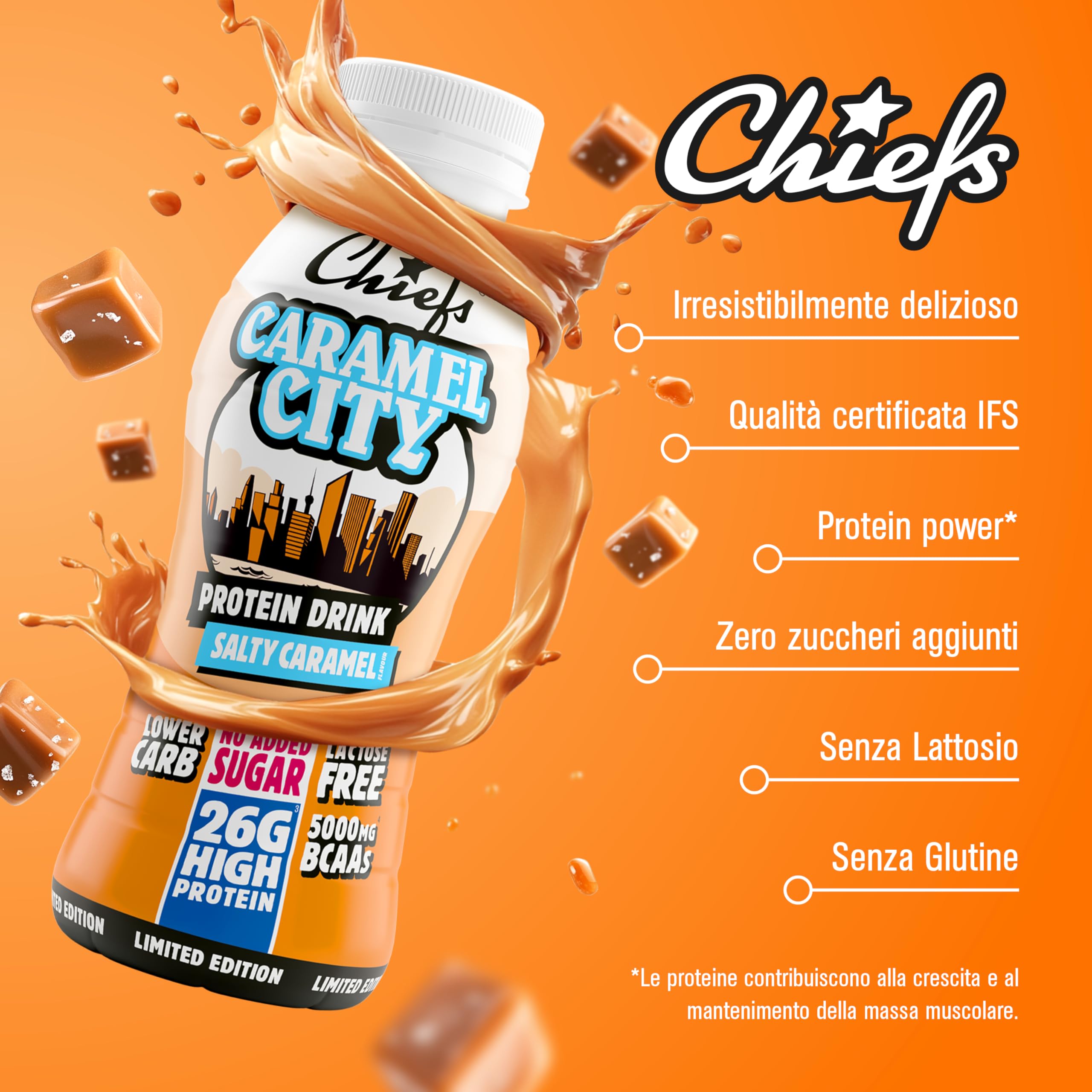 Chiefs Drink di Proteine, Bevanda Proteica al Caramello, Senza Lattosio, Senza Grassi e Zuccheri Aggiunti, 8 confezioni x 330ml