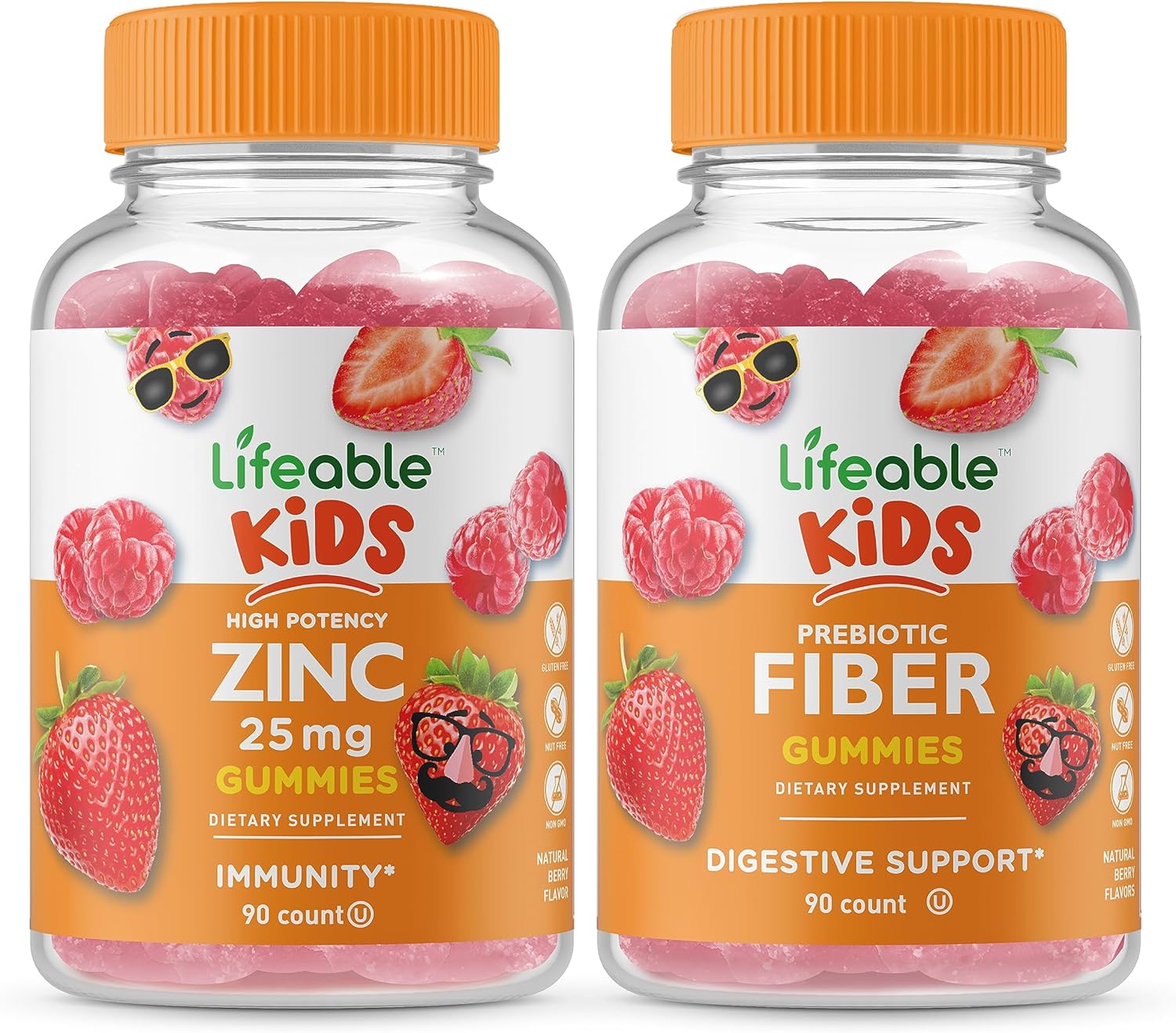 Lifeable Zinc 25mg Kids + Prebiotic Fiber Kids, Gummies Bundle - Great Tasting, Vitamin Supplement, Gluten Free, GMO Free, Chewable Gummy