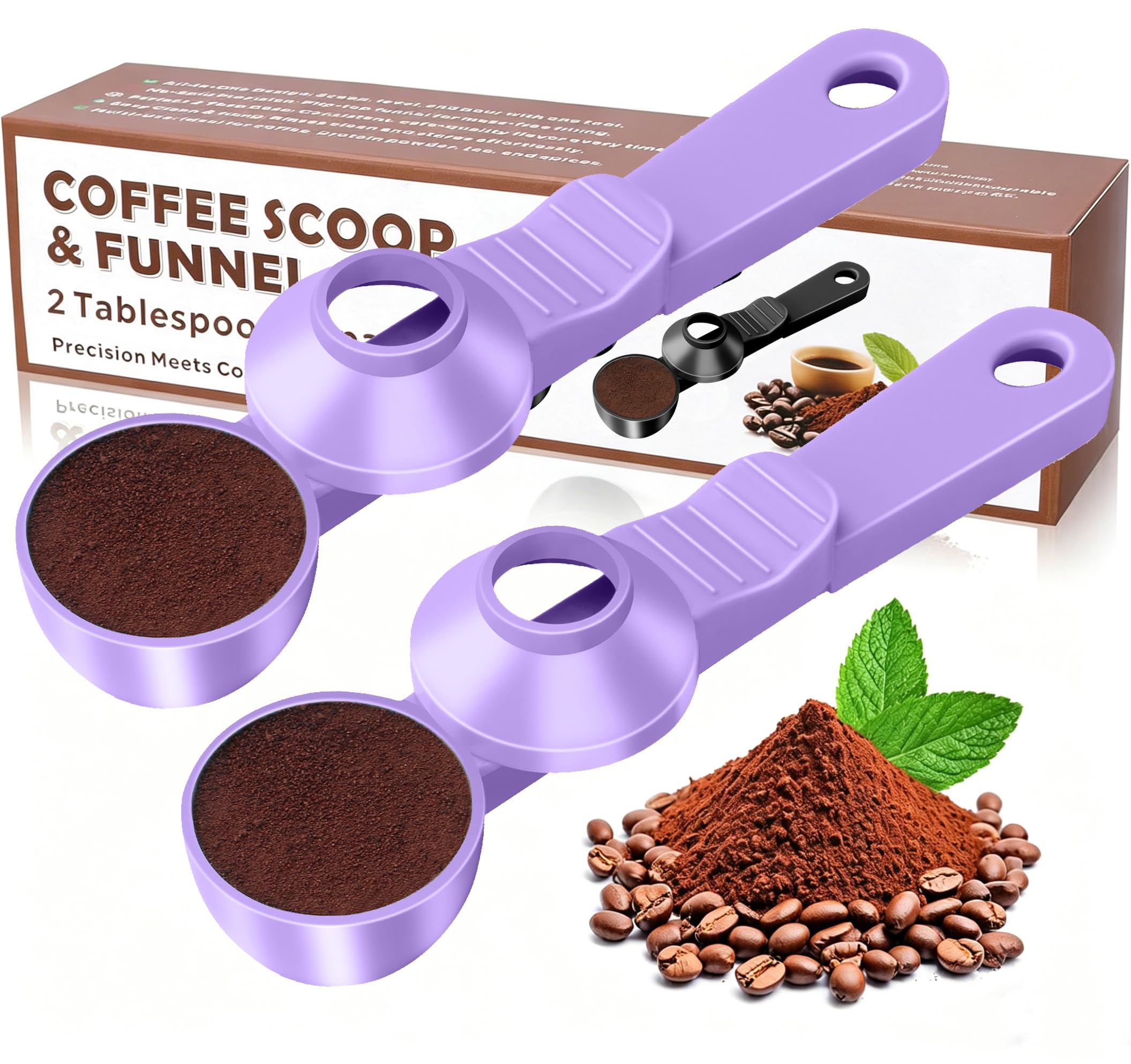2-in-1 Coffee Scoop with Funnel, 2 Tbsp Measuring Spoon for Reusable K Cups, Ground Coffee, Protein Powder & Tea, Mess-Free Plastic Design（Light Purple-2pack）