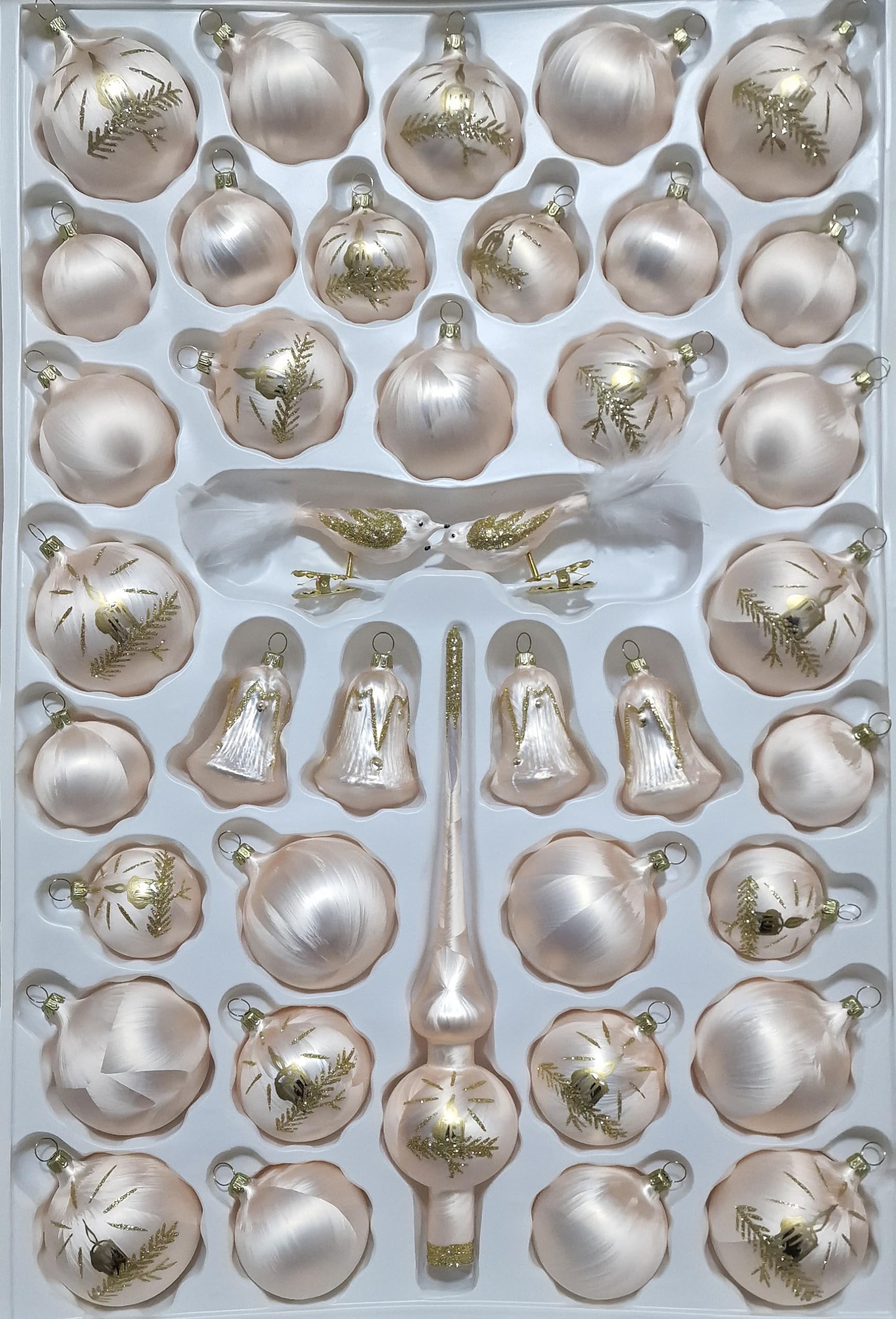 Lauschaer Glas Christbaumschmuck Sortiment mit Formglocken Eislack champagner mit Kerze 39 Teile Christbaumschmuck Weihnachtsbaumschmuck mundgeblasen, handdekoriert