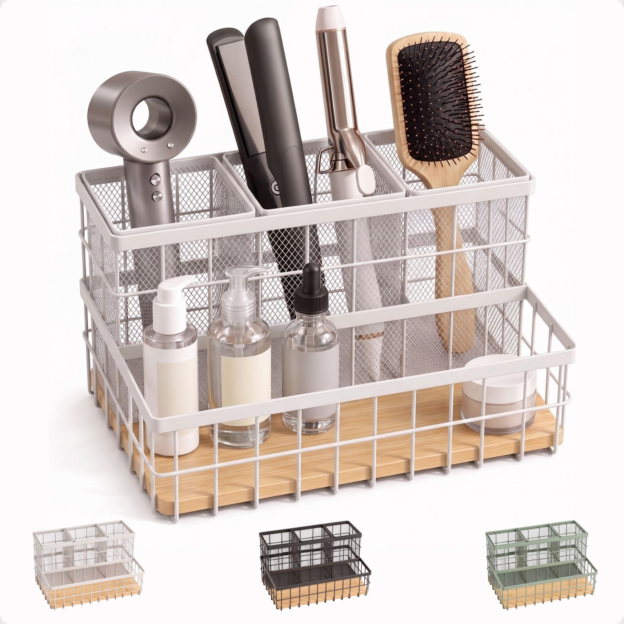 Hair Tool Organizer Countertop, Breathable Metal &amp; Bamboo, Heat-Resistant