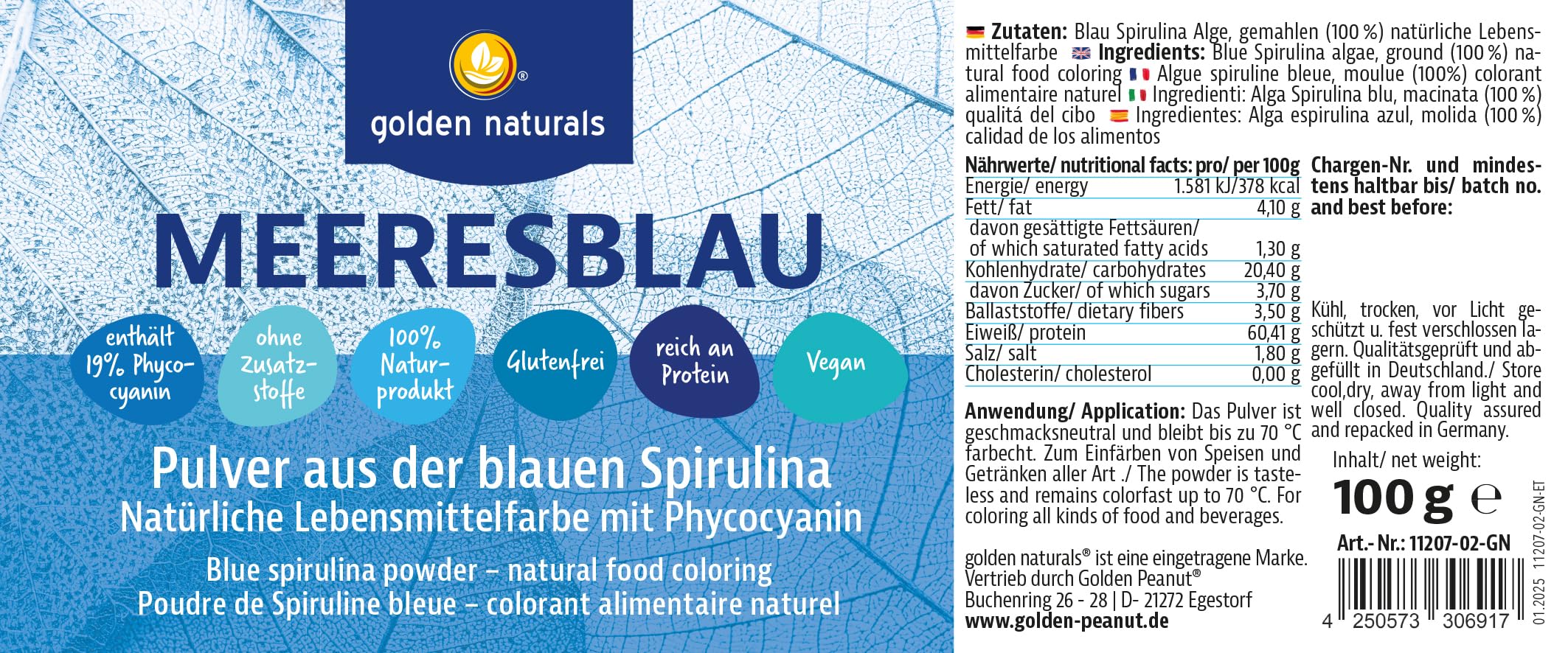 Golden Naturals Blue Spirulina 100 g, rein ohne Zusätze, blaue Mikroalge mit Phycocyanin, natürliche Lebensmittelfarbe