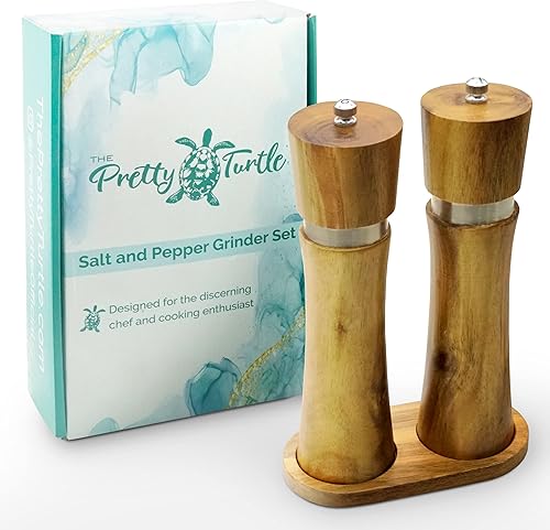 Juego de molinillo de sal y pimienta de madera con soporte hecho de madera de acacia de primera calidad, recargable, respetuoso con el medio