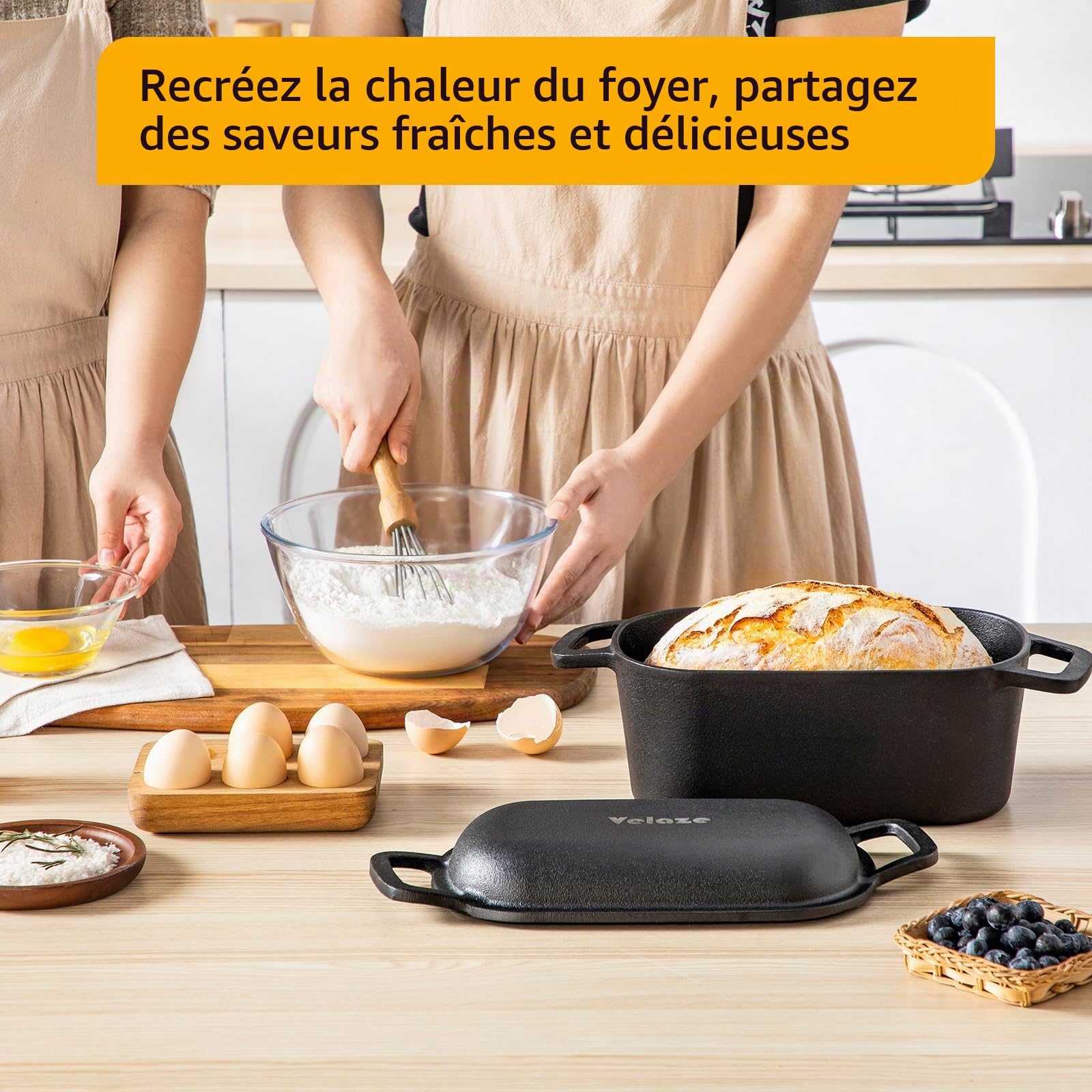 Velaze Cocotte Fonte Émaillée 3.4L - Casserole à Pain Noire avec Couvercle pour Induction, Marmite Antiadhésive Intérieur Crème - Cocotte Fonte Induction, Cuisson du Pain, Braisage, Ragoûts (27x15cm)
