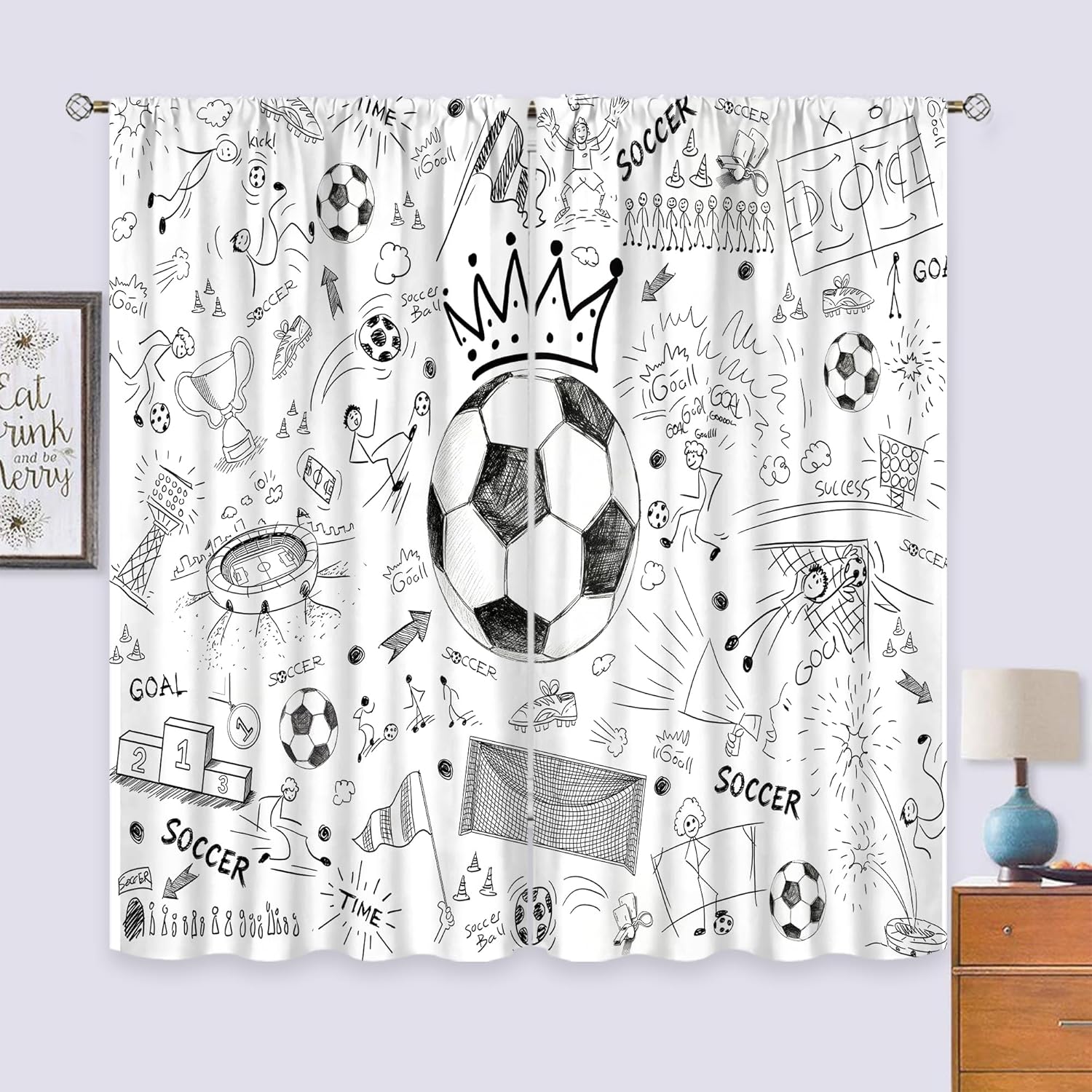 Cinbloo Soccer Sport Boys Curtains 42Wx63H Inch Rod Pocket Football Black White Graffiti Funny Sketch Unique Cool Art Printed for Kids Teens Living Room Bedroom Window Drapes Treatment Fabric 2 Panels