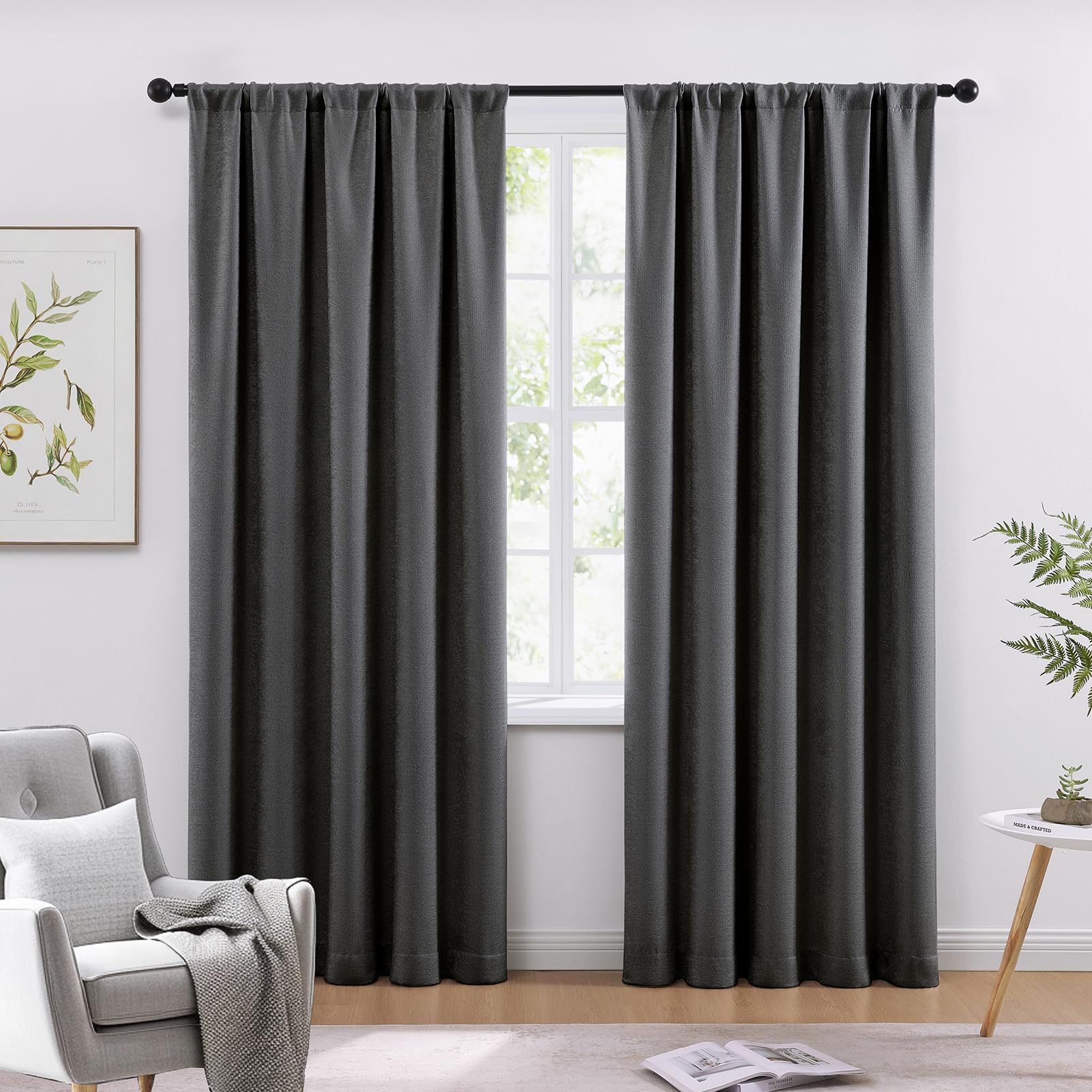 WRENSONGE Blackout Curtains for Bedroom, Dark Grey Blackout Curtains 84 Inch Long for Living Room Windows Kitchen Room, Easy Rod Pocket Curtain Modern Room Darkening Curtains 2 Panels Set