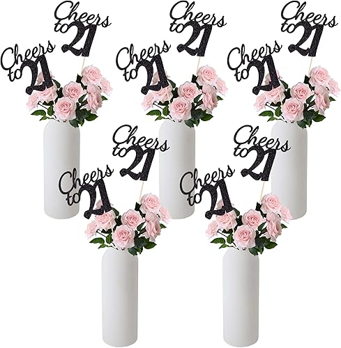 Miniatura 4 de Gexolenu Cheers to 21, paquete de 10 piezas de centros de mesa de cumpleaños número 21 con purpurina negra de doble cara para mesas, palitos