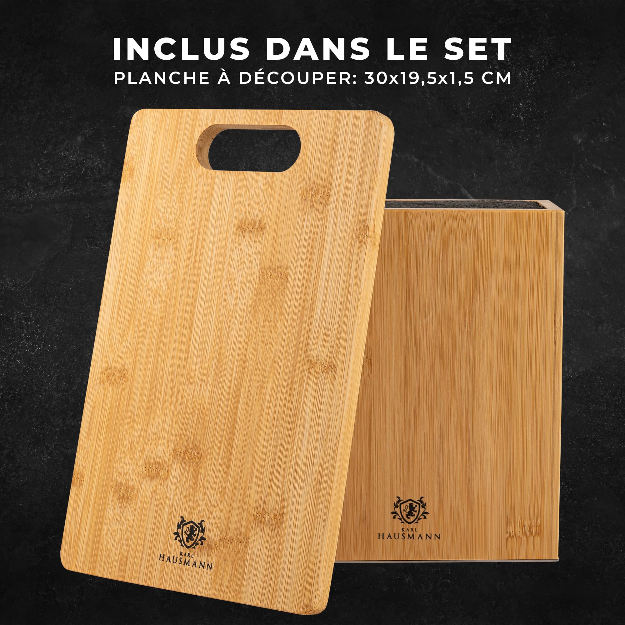 KARL HAUSMANN Bloc Couteaux Magnetique 3-en-1 en Bambou - 23x19,5x11cm - Support Couteau Sans Couteaux avec Planche à Découper et Insert Universel - Porte Couteau Cuisine