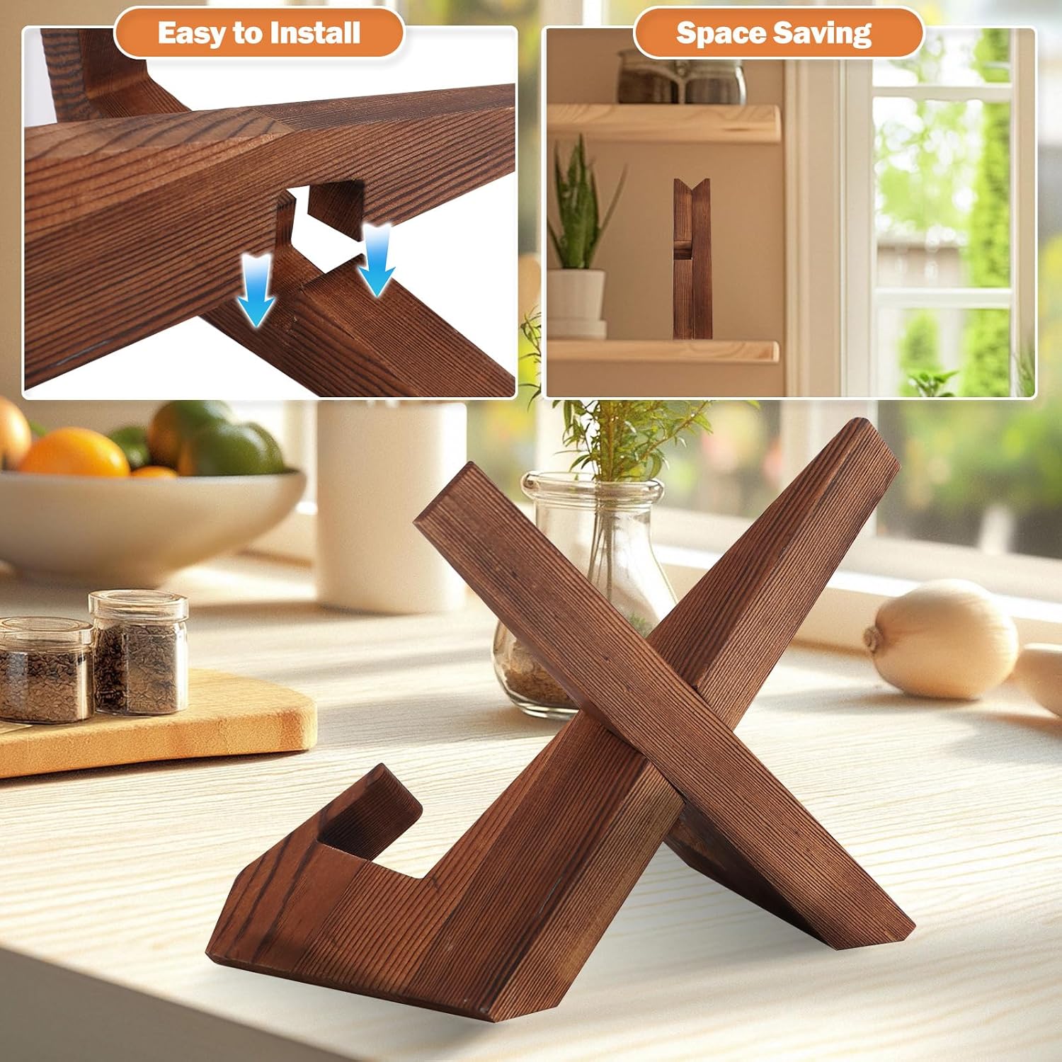 Wooden Cookbook Stand for Kitchen, Foldable Recipe Book Holder