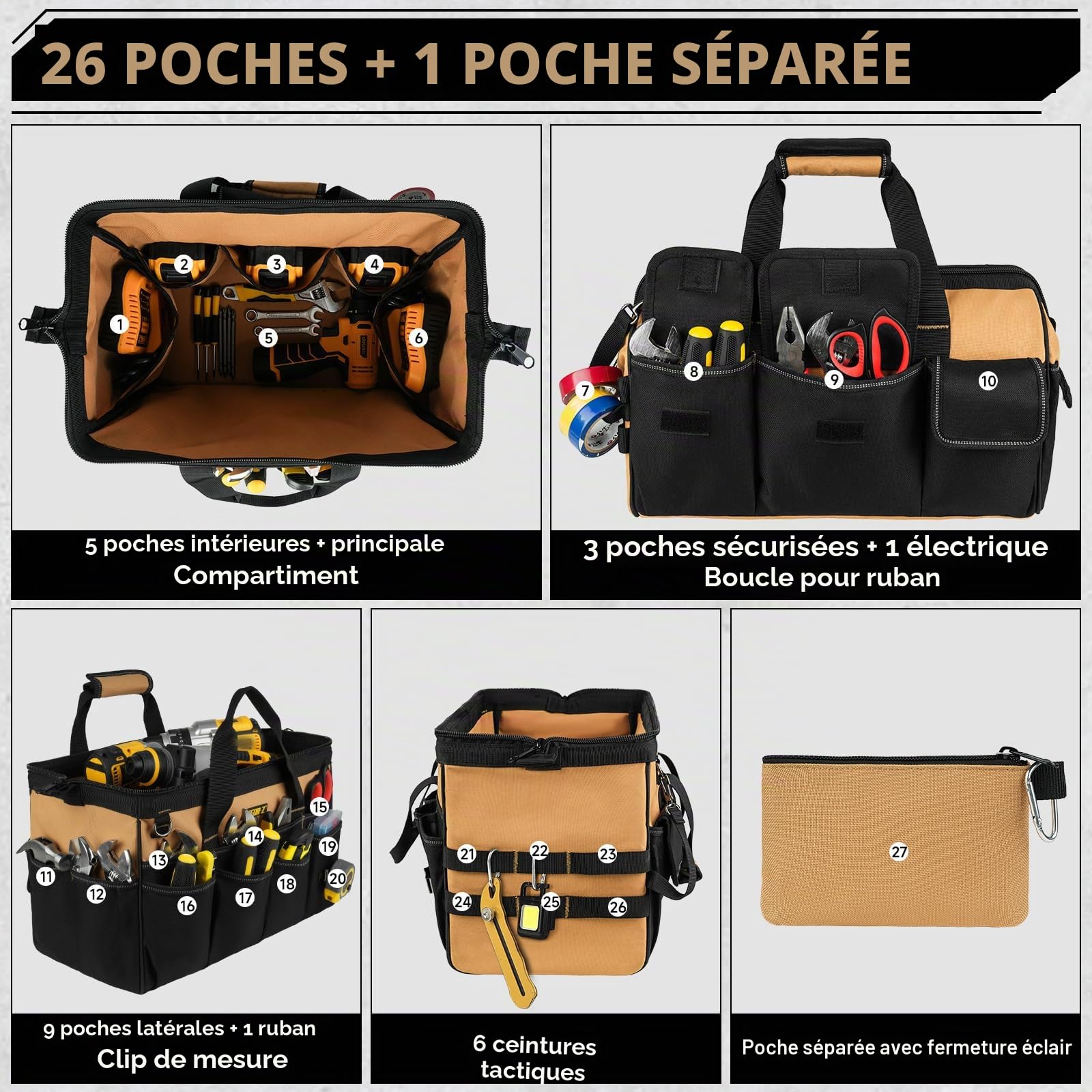 Sacoche Outils,Sac Outils vide,27 Poches Grand Ouverture Robuste Sac à Outils,Organiseur de Rangement,étui de Transport pour Papa,Homme,Mécanicien,électricien,Jardinage,Noir Marron(Sac Uniquement)