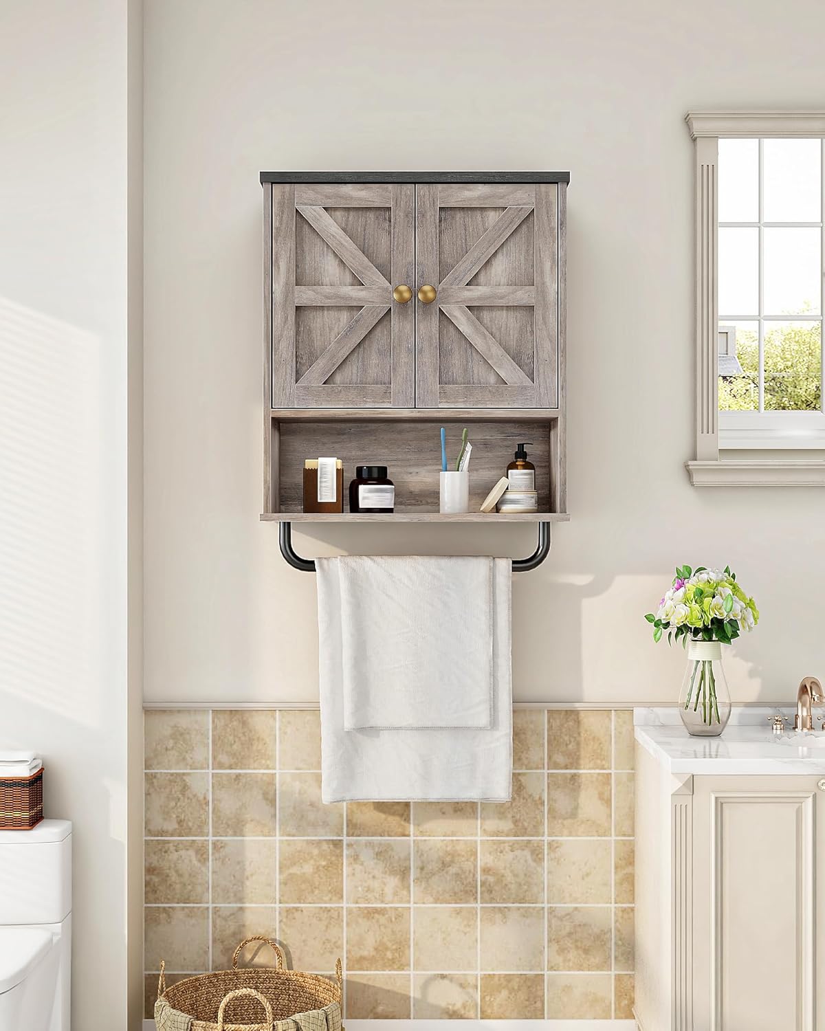 CHOEZON Bathroom Wall Cabinet, Medicine Cabinet with Open Partition and Towel Bar, Rustic Storage Cabinet with Open and Hidden Storage Space, for Bathroom, Living Room, Greige and Charcoal Black