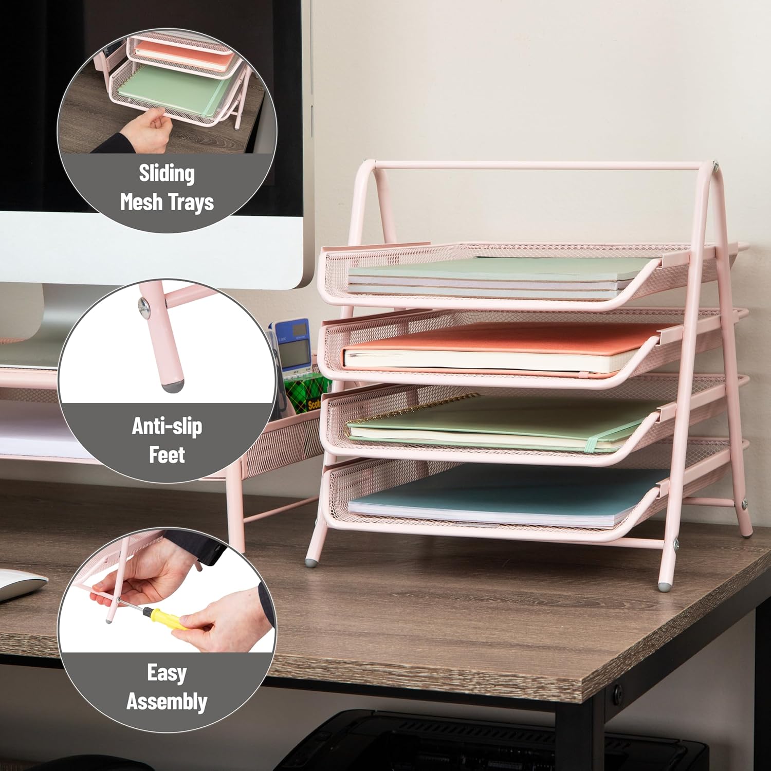 Mind Reader 4-Tier Paper Tray, Desktop Organizer, File Storage, Workspace, Office, Metal Mesh, 11.75" L x 13.75" W x 12.5" H, Pink