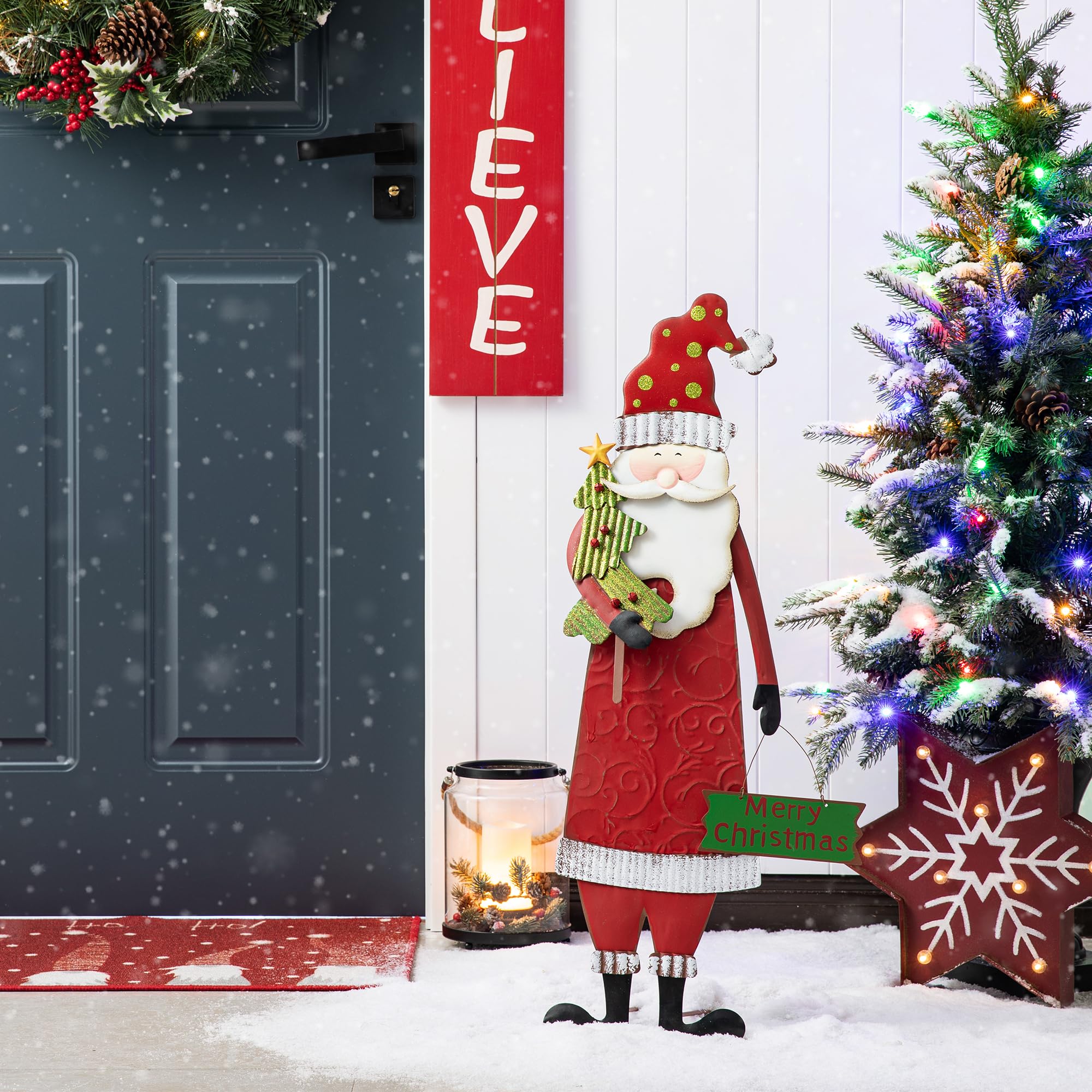 Glitzhome 36inch Metal Santa Christmas Yard Signs, Xmas Wall Standing Decoration for Christmas Winter Holiday Hallway Lawn Yard Garden Outside Decorations