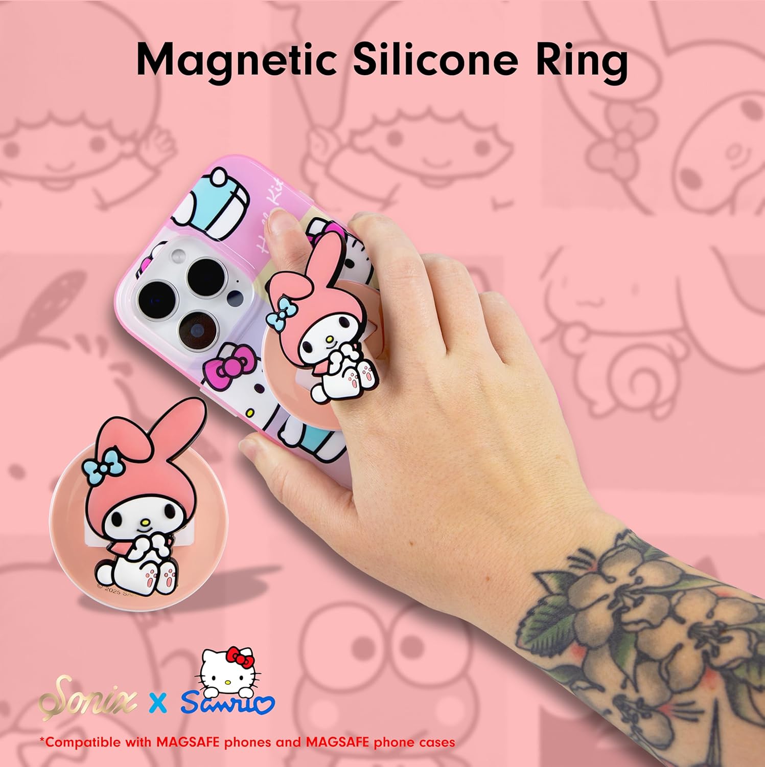 Sonix x Sanrio Magnetic Phone Grip, MagSafe Silicone Ring Loop Grip - Detachable Holder for Hand, Soft MagSafe Grip | Light Pink, Baby Pink| My Melody - Image 5