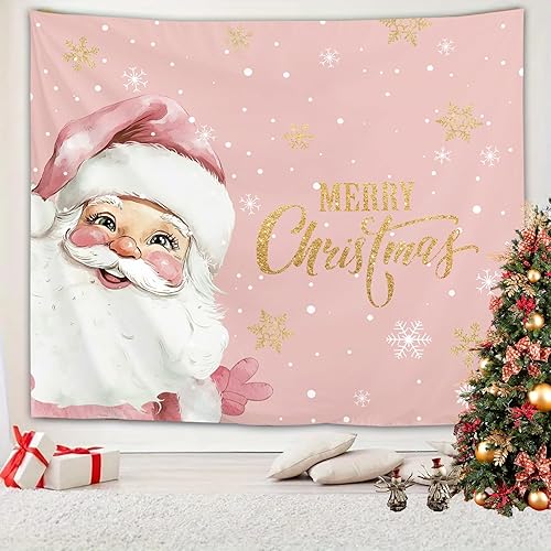 Miniatura 4 de Yookeb Tapiz rosa de Papá Noel de 59 pulgadas de ancho por 51 pulgadas de alto, para colgar en la pared, invierno, Navidad, Año Nuevo, copos de