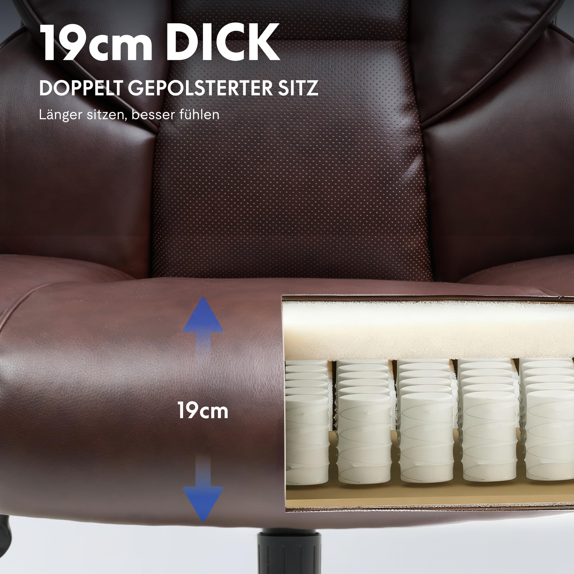 FLEXISPOT Ergonomischer Chefsessel bis 300 kg Bürostuhl für große Personen, mit dynamischer Lendenwirbelstütze, 2D-Armlehnen und Grummirollen, großer Gaming- und Arbeitsstuhl, Kunstleder, Braun