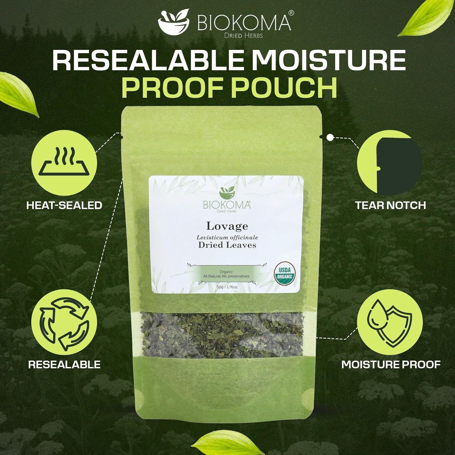 Biokoma Organic Lovage Dried Leaves 50g (1.76oz) In Resealable Moisture Proof Pouch, USDA Certified Organic - Herbal Tea, No Additives, No Preservatives, No GMO, Kosher - Image 4