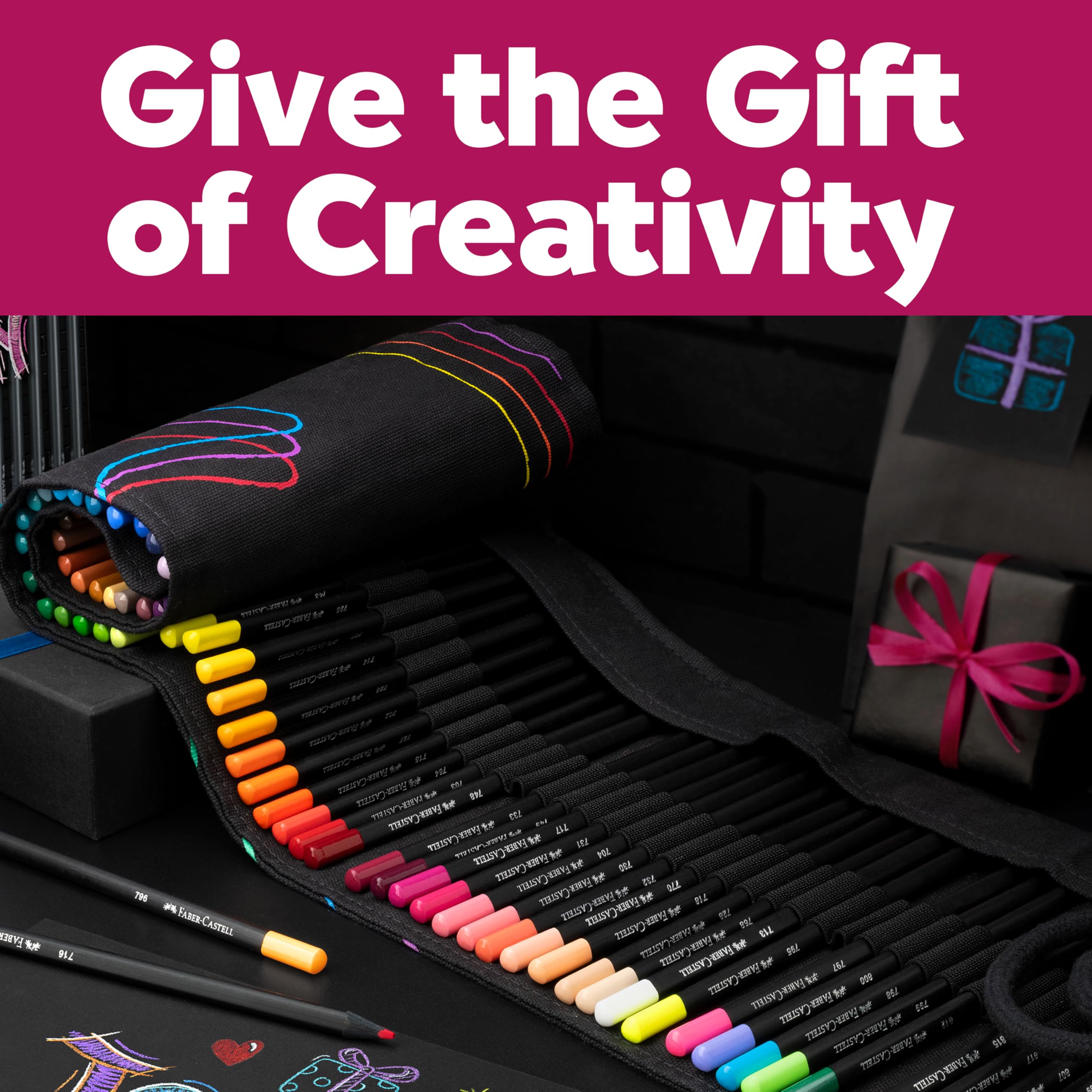 Faber-Castell 116418 - Set di matite colorate con rotolo, 72 matite colorate Black Edition, inclusi colori metallizzati e neon