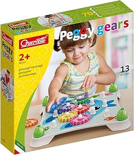 Quercetti: Peggy Gears - 13pc Interactive Cogwheel Construction Toy, Peg Board, 2-Sided Cards w/ 6 Scenes, Preschool Educational Play, Toddler-Kids 2+