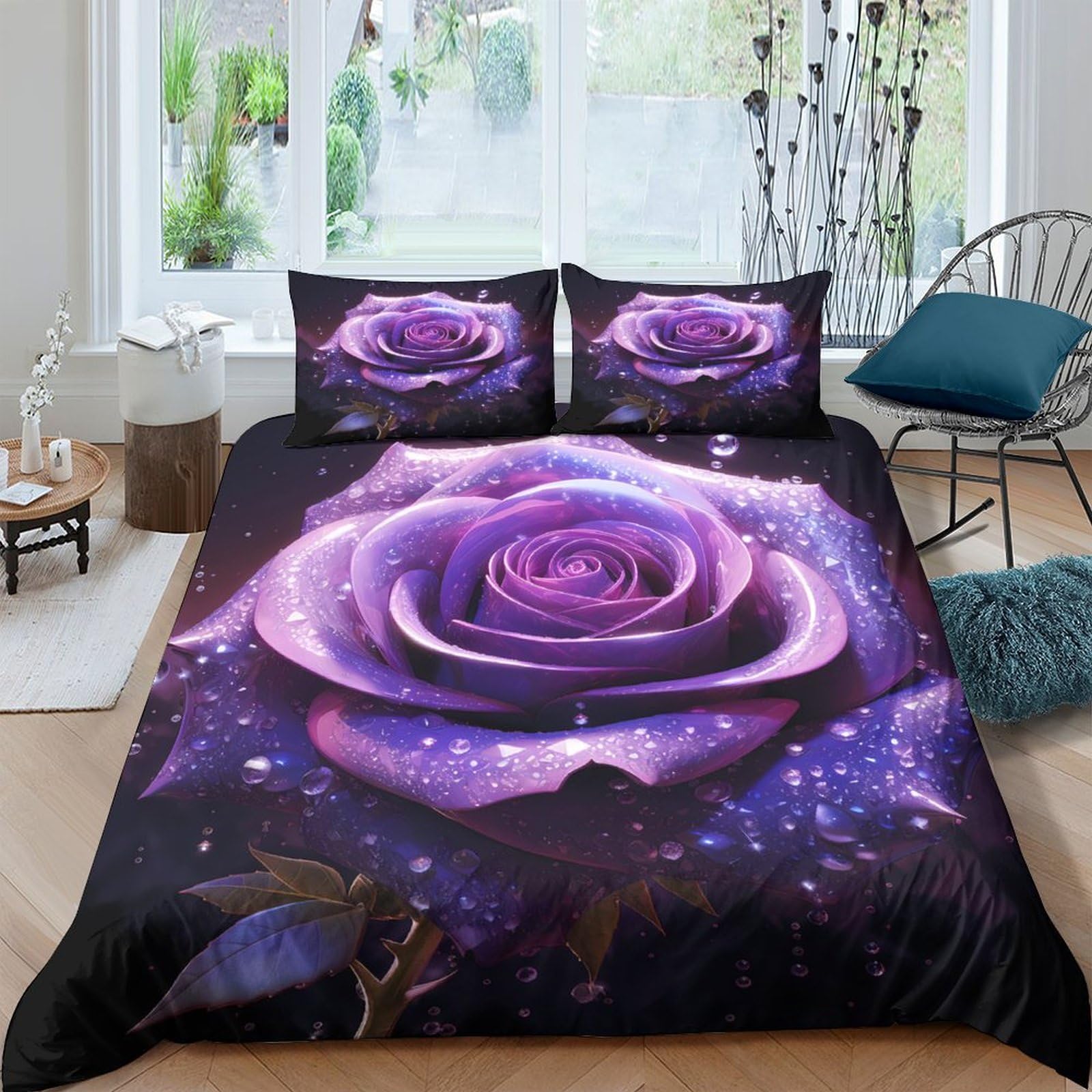 Purple Rosa Set Di Copripiumino 3 Pezzi microfibra traspirante stampa di 3D con federa Fantasia Digital Set Di Copripiumino cerniera soffice ariosa for coppie King（220x240cm）