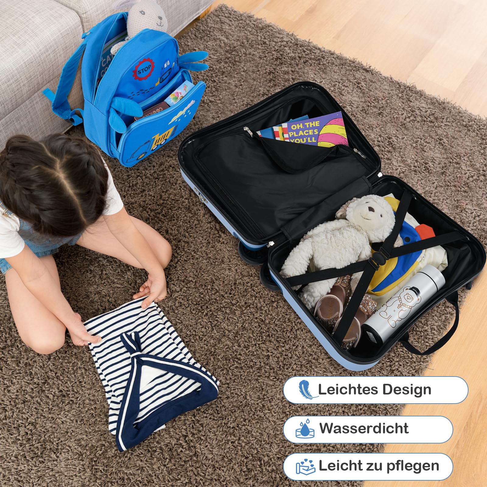DREAMADE Kinderkoffer zum Draufsitzen, 2 TLG. Kinderkoffer mit Rucksack, Kindergepäck Trolley zum Reisen, Reisetrolley Kinder Trolley Set (18 Zoll +12 Zoll,Blau-Bagger)