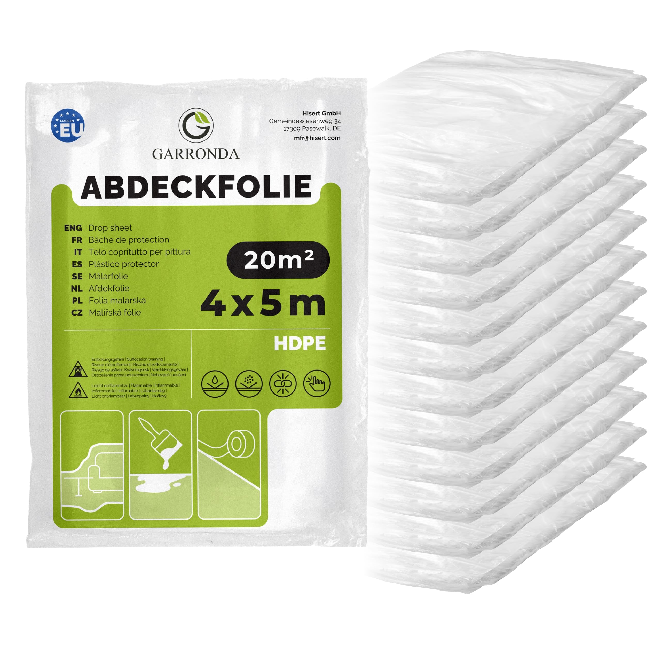 Garronda Abdeckfolie 4x5 m 12er Pack transparent HDPE Malerfolie für Renovierung Staubschutzfolie Umzug Abdeckplane Baufolie für Möbel- & Bodenschutz Folie reißfest GD-0166