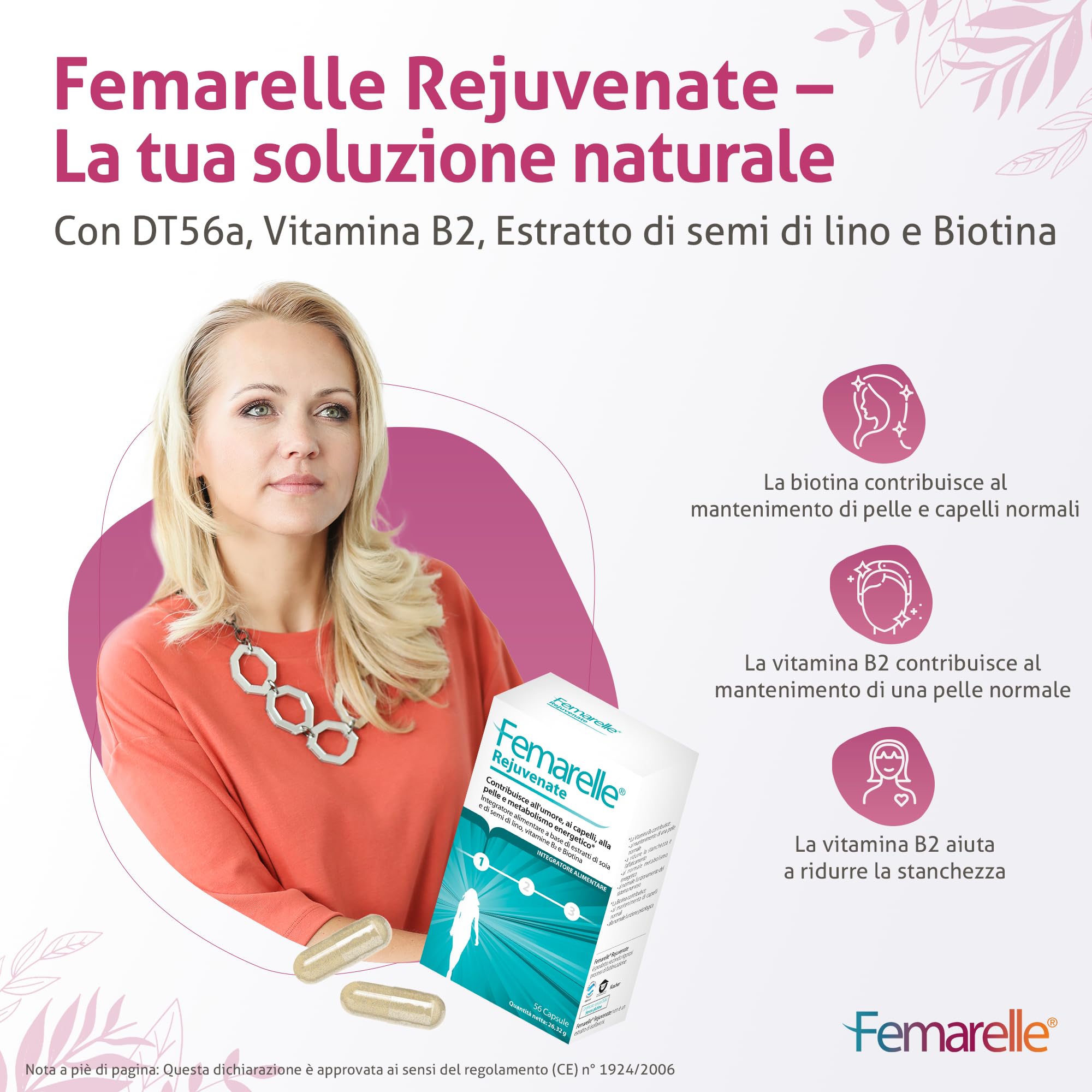 Femarelle Rejuvenate – Capsule senza ormoni per il benessere dell’umore, della pelle, dei capelli e dell’energia con DT56a, Vitamina B2, estratto di semi di lino e Biotina