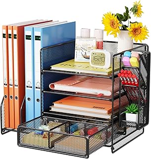 Schreibtisch Organizer mit Aktenhalter - 5-Tier Briefablage Ablagefächer mitSchublade,4 Stithalter, Schreibtisch-Aufbewahrung, Zeitschriftenhalter fürBürobedarf (schwarz)