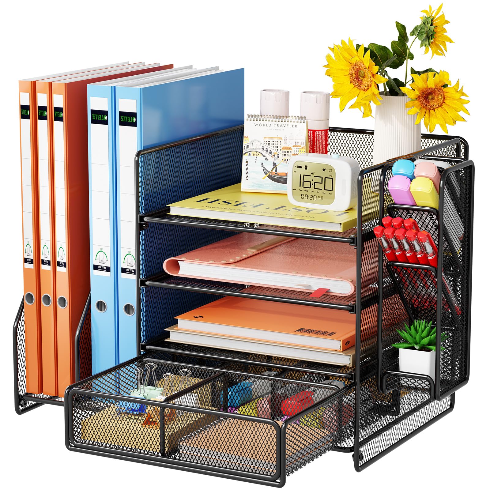 Casavibe Desk Organiser with File Holder, 5-Tier Paper Organiser with Pen Holders, Mesh Desk File Organiser with Magazine Holder