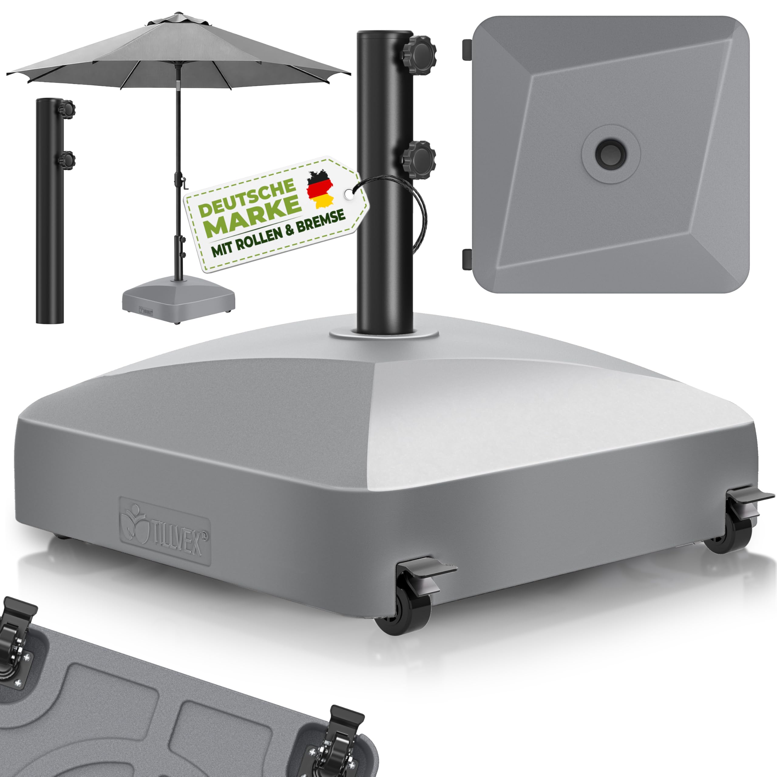 tillvex® Sonnenschirmständer GRAVIA mit Rollen & Bremsen | Schirmständer befüllbar 37 Liter / 56 kg | Schirmgewicht Sonnenschirm & Marktschirm Ø 1,8-3,7m | Wetterfest & UV-beständig