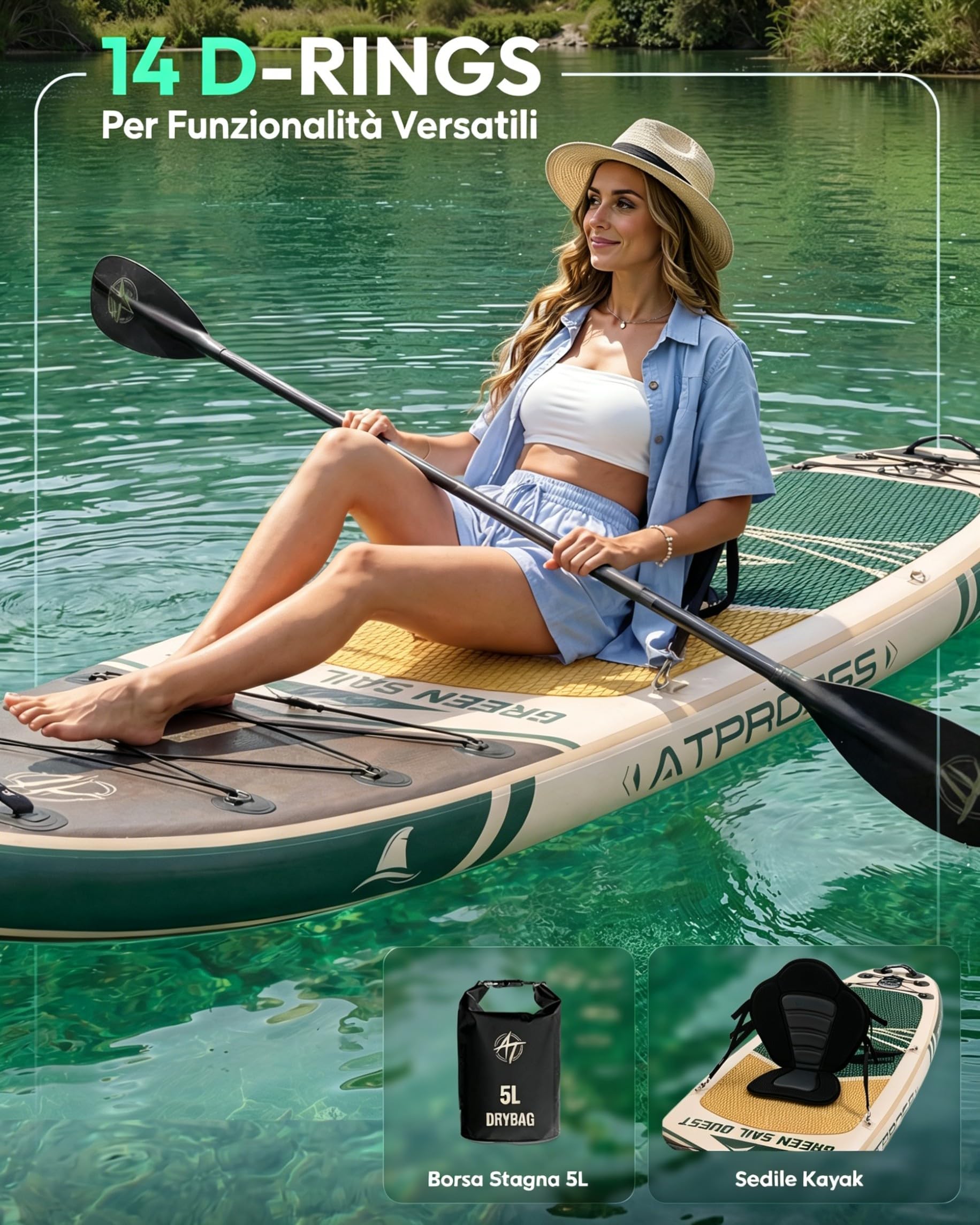 Tavola SUP Gonfiabile con Accessori, 2 Persone | 320 × 84 cm Extra Larga, Portata 200 kg, Stabile e Antiscivolo Per Mare e Surf
