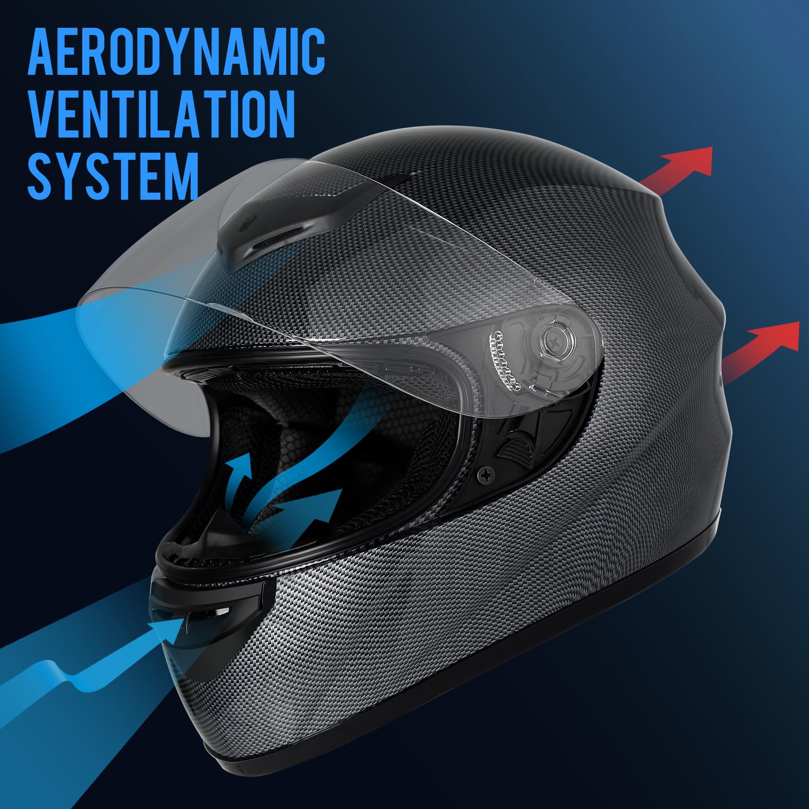Favoto Casco Moto Integrale – Uomo e Donna, Certificato ECE, Traspirante e Confortevole, con Visiera Trasparente Antigraffio e Chiusura a Cricchetto, Fibra di Carbonio,L (59-60cm)