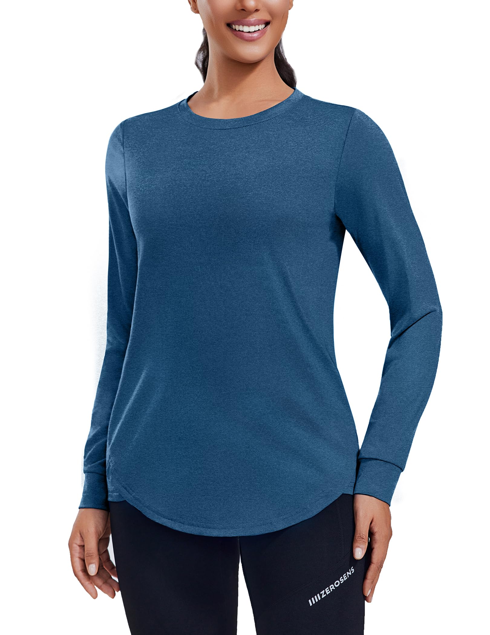 PINSPARK Long Sleeve Workout Tops for Women Crewneck Yoga Shirts Lightweight Athletic Gym Running Fall Sport T-Shirt