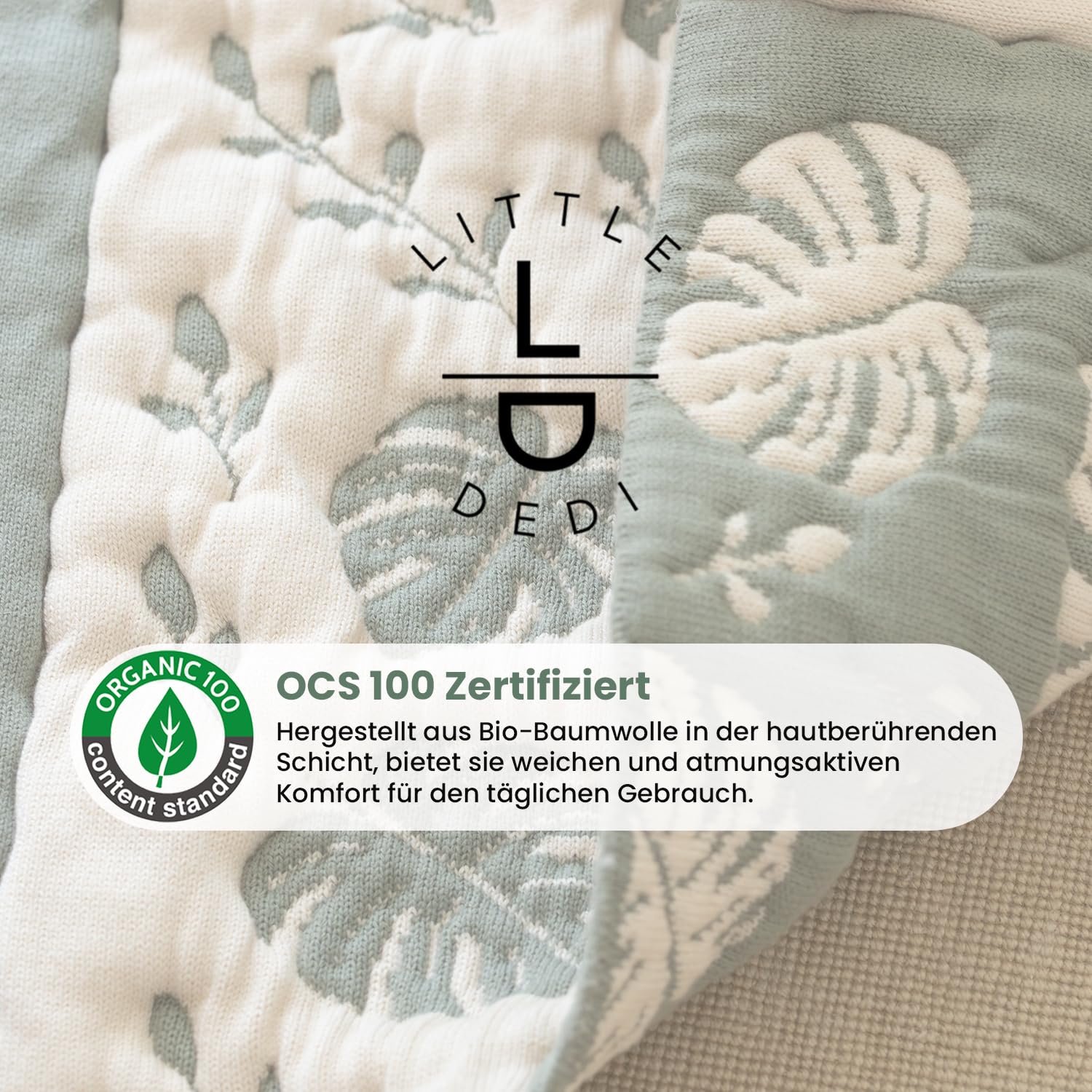 Monstera Wickelmatte 50 x 85 cm - OCS zertifizierte Bio-Baumwolle, gequiltete Wickelunterlage im Dschungel-Look (Grün/Beige) - Nahtlos, Wendbar, Reise-Wickelmatte | OCS zertifizierte Bio-Baumwolle, Gequiltet, Dschungel-Look, Nahtlos, Wendbar, Reise-Wickel