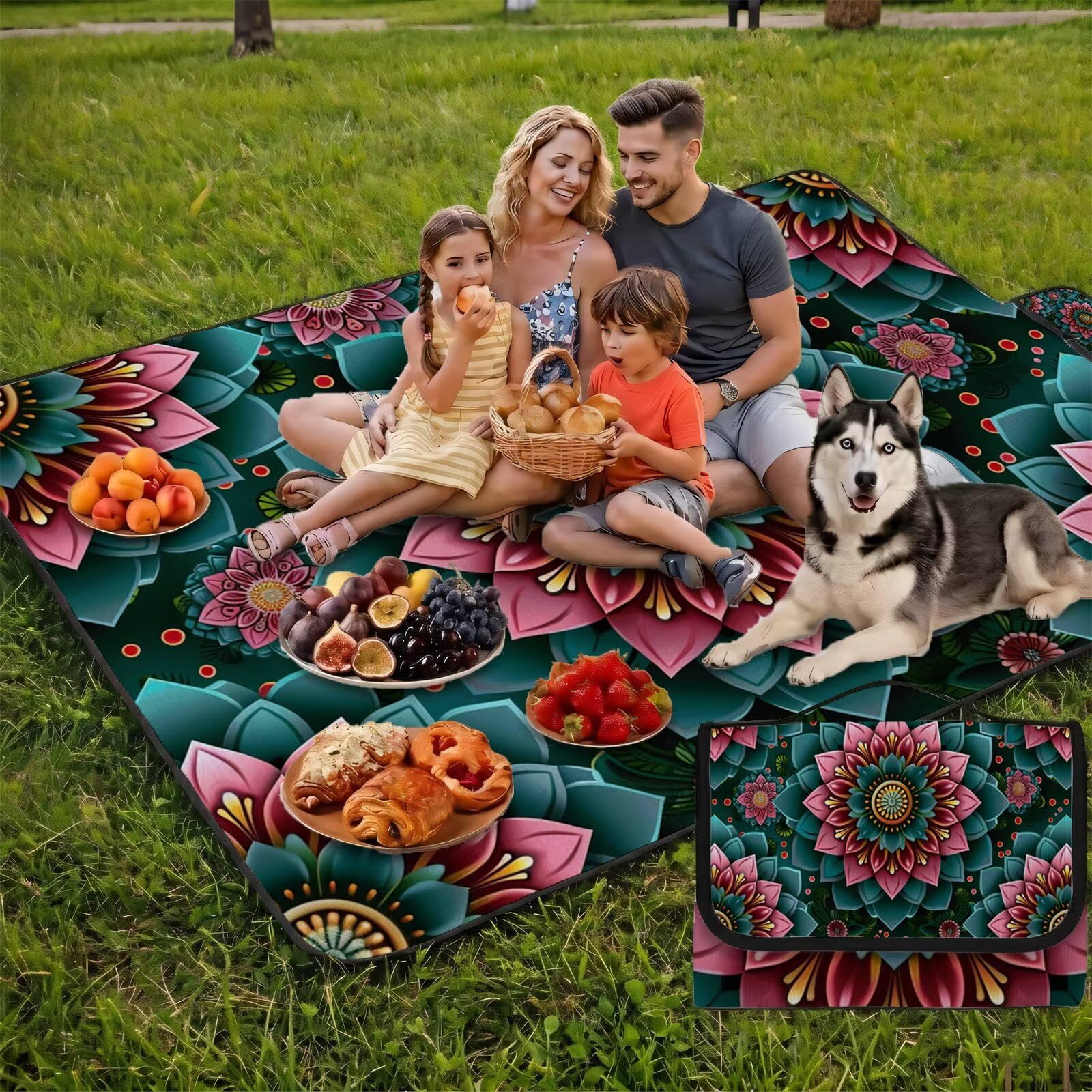 Grande Coperta de Picnic 200x300 cm, Mandala Manta Picnic Impermeable Anti-Sabbia Manta de Playa Pieghevole, Outdoor Picnic Blanket per Spiaggia, Camping, Giardino, Trekking - Turchese (2) FZ-75