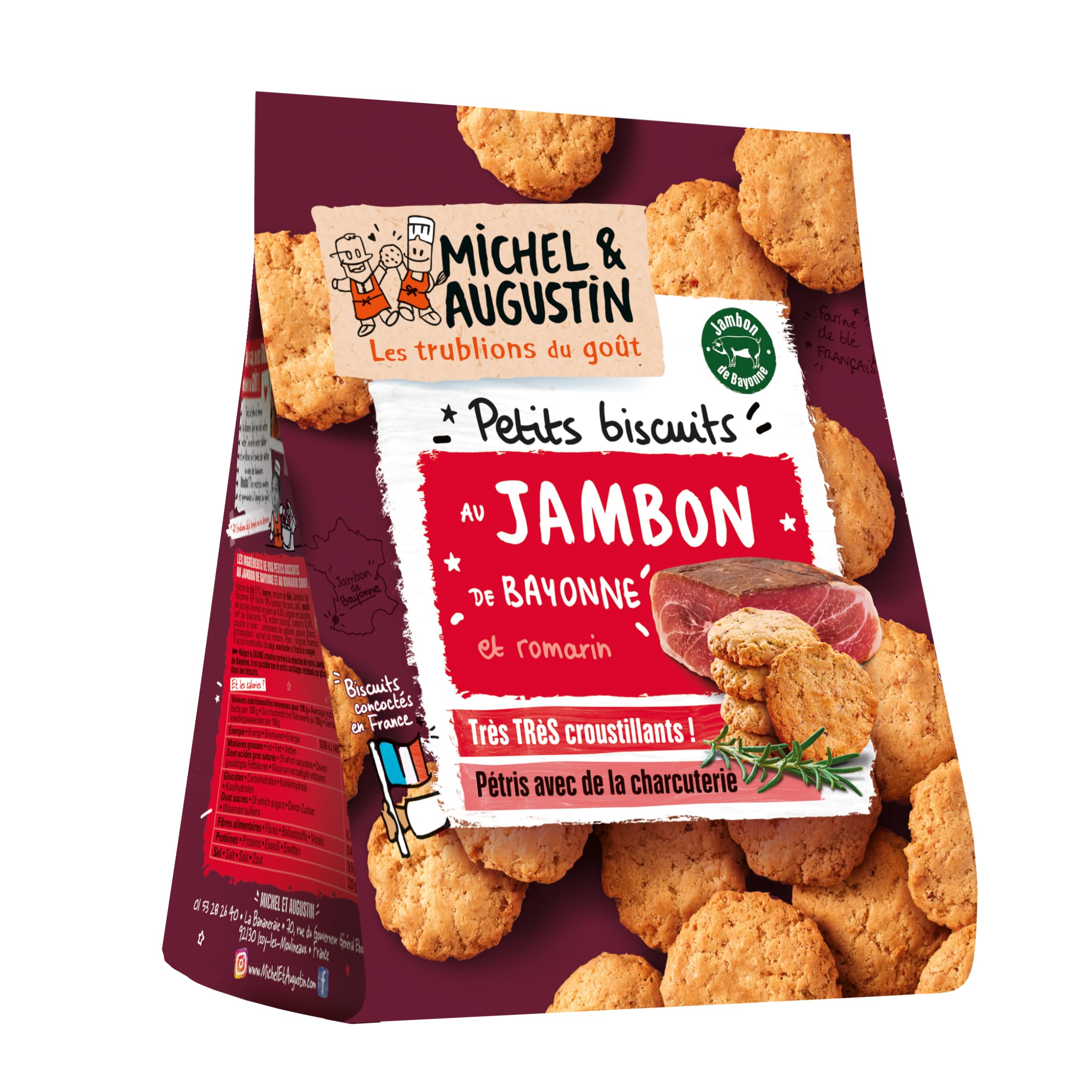 Michel & Augustin – Petits Biscuits Salés au Jambon de Bayonne IGP et Romarin – Biscuits Apéritifs Très Très Croustillants – Fabriqués en France – 90g x 8