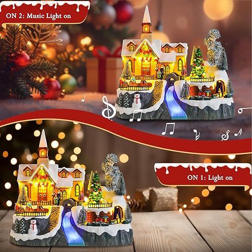 Miniatura 4 de Casa de pueblo de Navidad, edificios coleccionables de Navidad, tren de iglesia, muñeco de nieve, niños, patinaje con luces LED, aldea de vacaciones