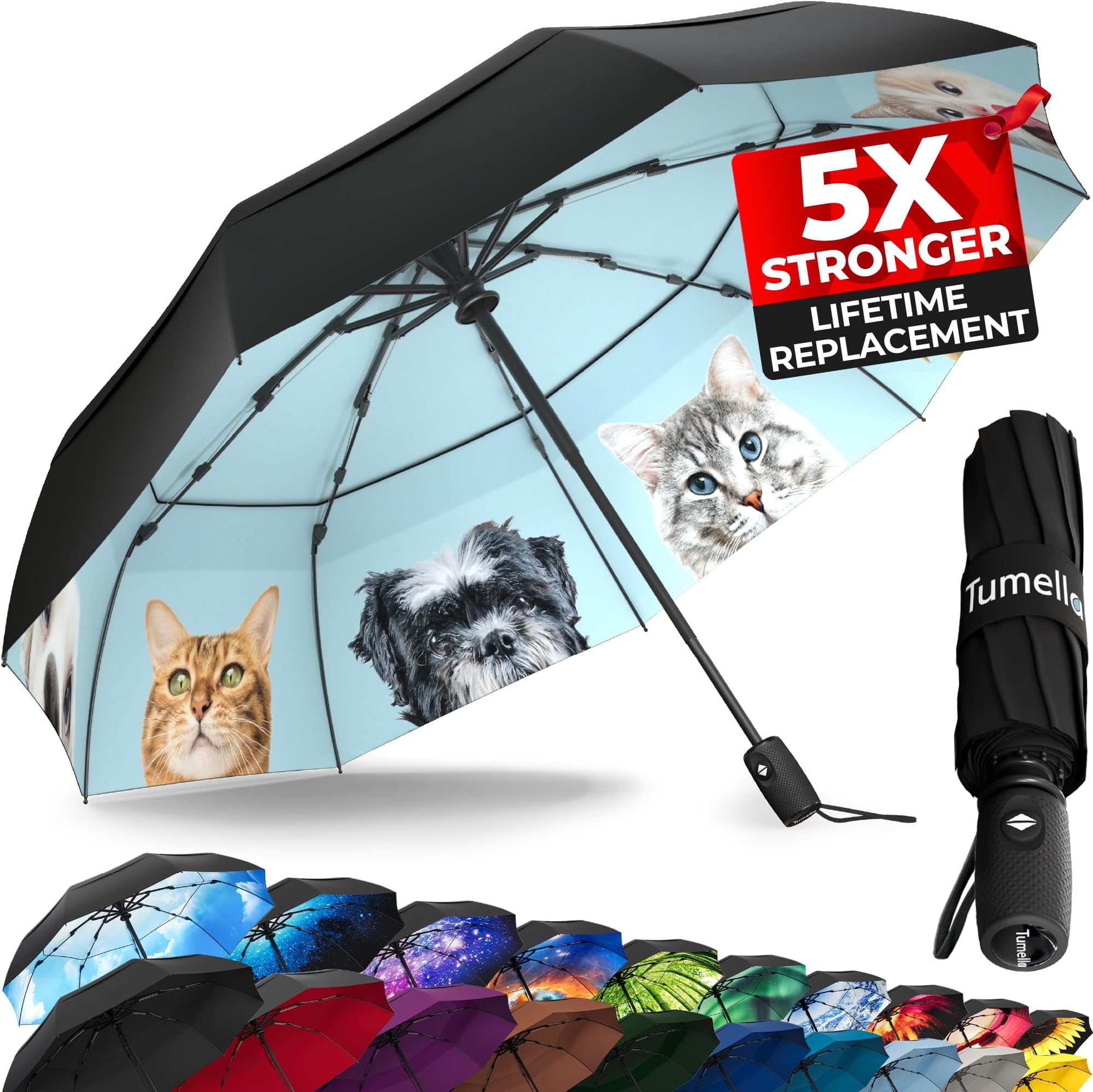 TUMELLA Strongest Windproof Travel Umbrella (Compact, Superior & Beautiful), Small Strong but Light Portable and Automatic Folding Rain Umbrella, Durable Premium Grip, Fits Car & Backpack