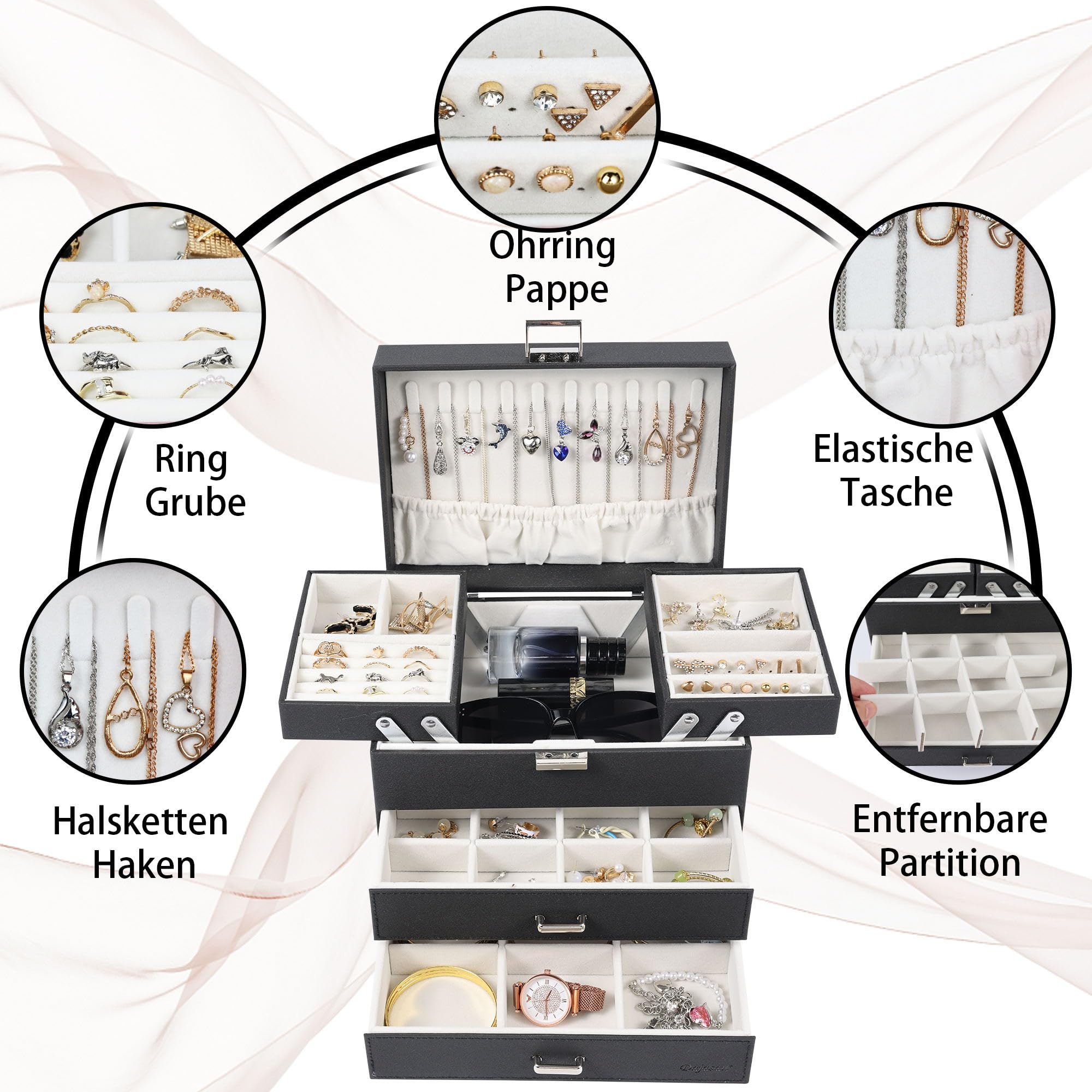 Dajasan Portagioie Donna, Porta Gioie, 4 Livelli di Scatola Portagioie Grande con 2 Cassetto, Portagioie in Pelle PU, Portagioie Adatto per Anelli, Collane, Orologio (Nero)