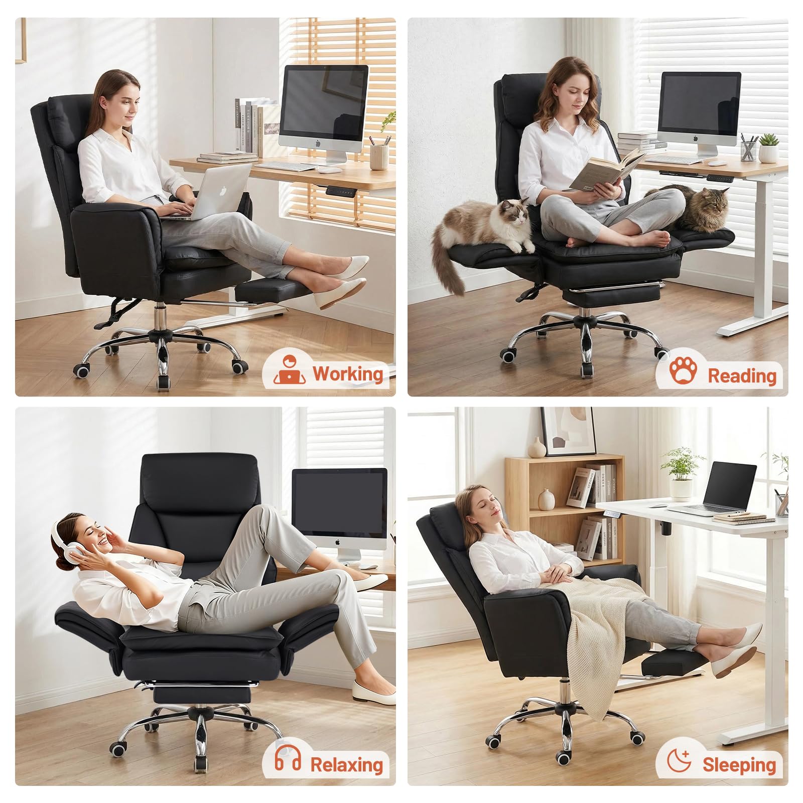 Bürostuhl Chefsessel Ergonomisch, Gaming Stuhl mit 5-Stufig Verstellbare Armlehnen & Fußstütze, PU Leder Schreibtischstuhl mit 135° Verstellbarer Rückenlehne & Lendenwirbelstütze, Schwarz