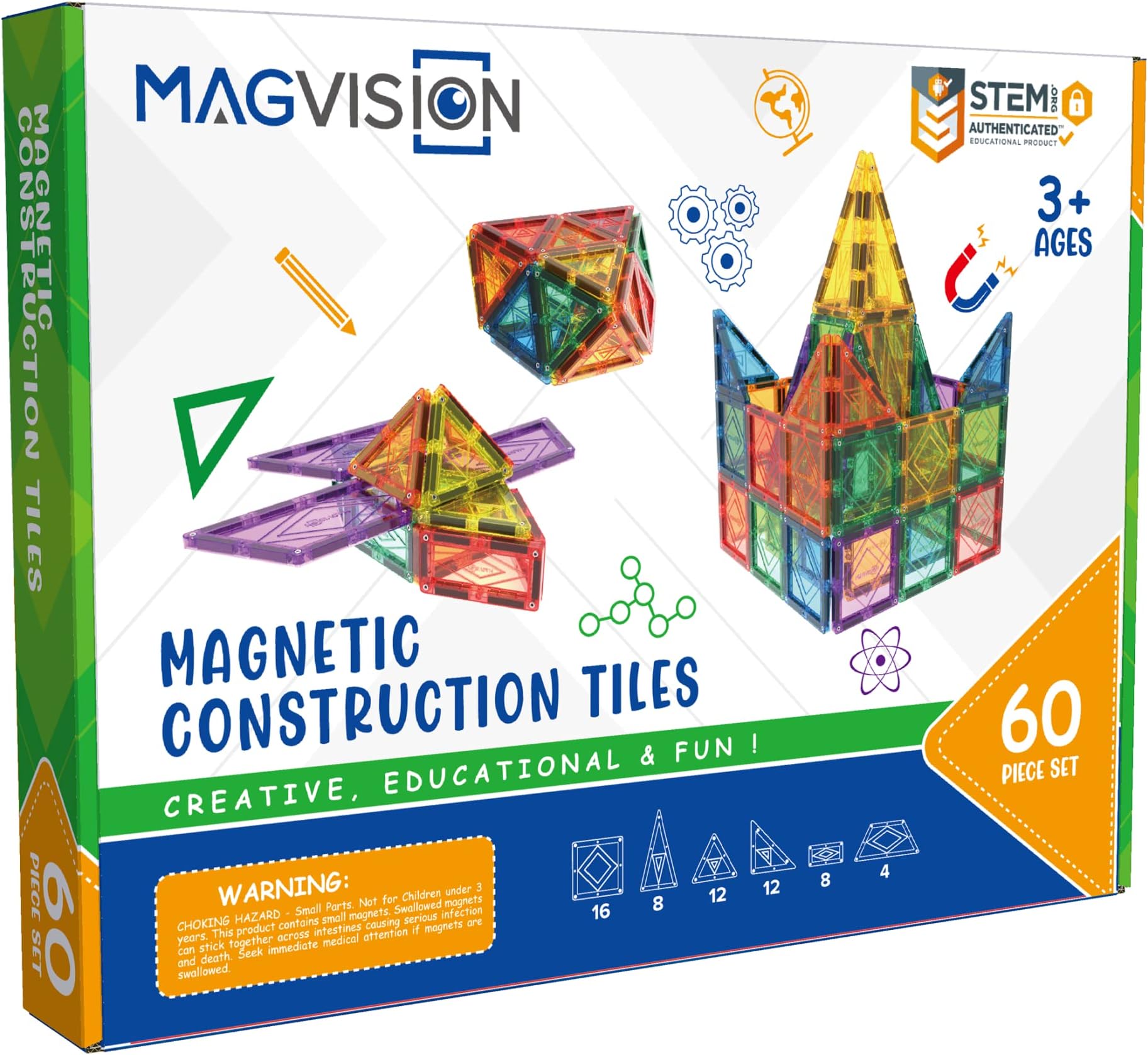 MagVision 60 Piece Magnetic Building Tiles - Creative 3D STEM Construction Playing Blocks 60pcs