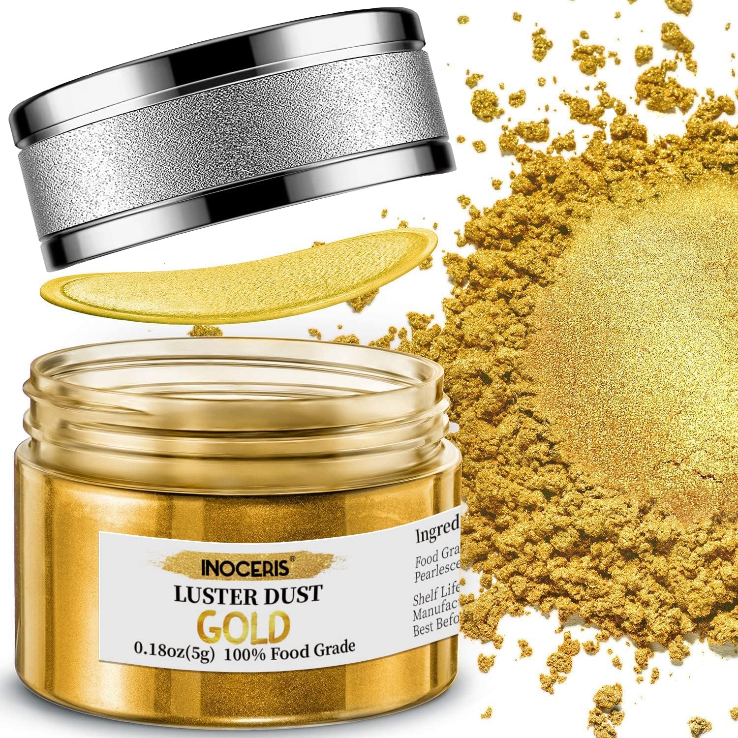 INOCERIS Edible Luster Dust, 5g Food Grade Gold Cake Dust Shimmer Metallic Gold Food Coloring Powder for Cake Decorating, Baking, Fondant, Chocolate, Candy, Drinks, Cookies