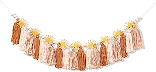 Boho Sunshine Highchair Garland, Warm Earth Tone Yarn Tassel Garland with Wood Beads, The Sun High Chair Cake Smash Banner, Best Boho Sunshine Birthday Decorations for Baby (Sunshine Tassel Banner)