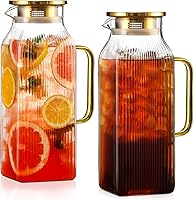 Snuvid 2 Pack 68oz Square Borosilicate Glass Pitcher with Gold Lid - Fridge-Safe Stripes Jug for Iced Tea, Coffee, Hot/Cold Drinks